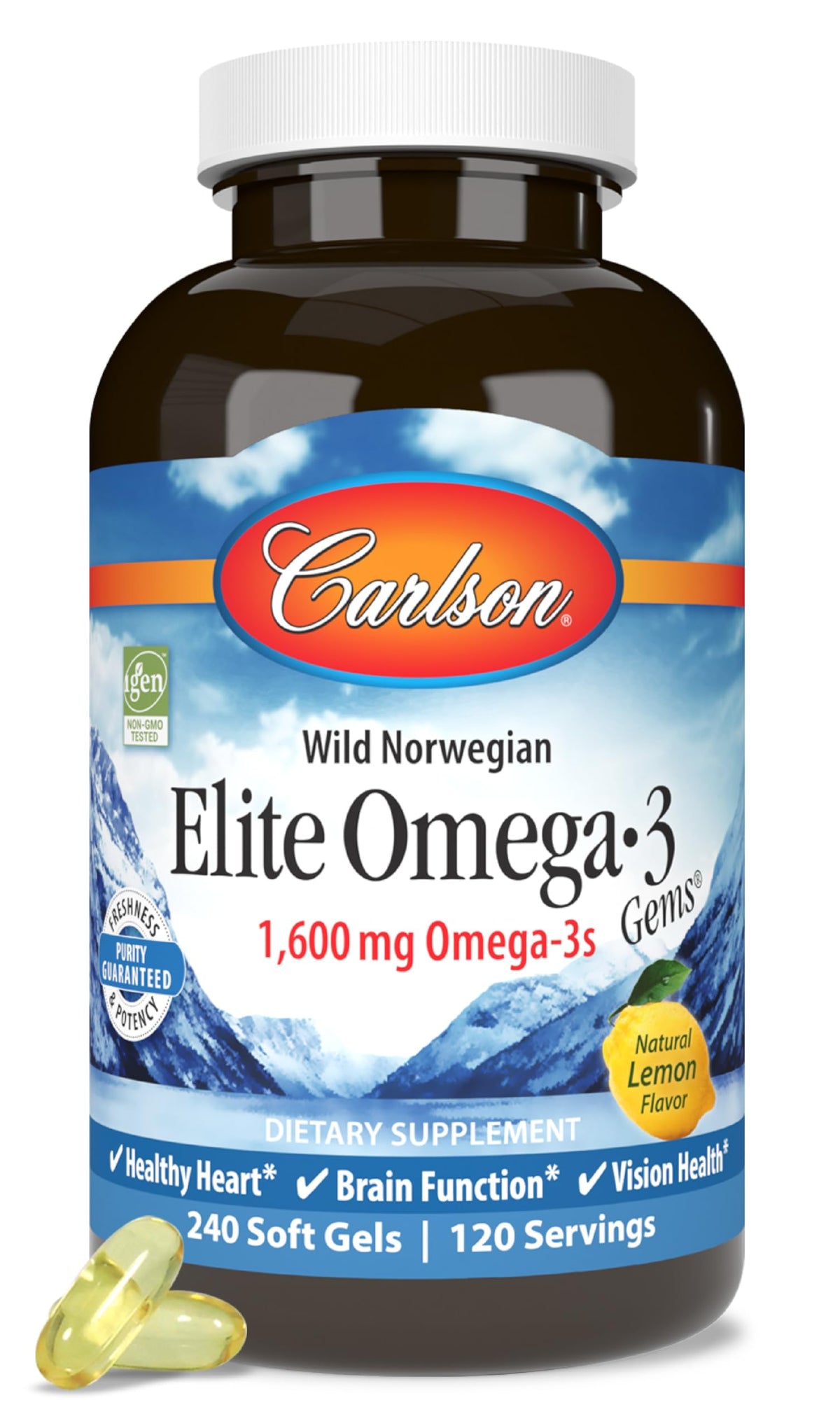 Carlson Elite Omega-3 Gems 1600 mg Norwegian Wild-Caught Fish Oil - Lemon Flavor