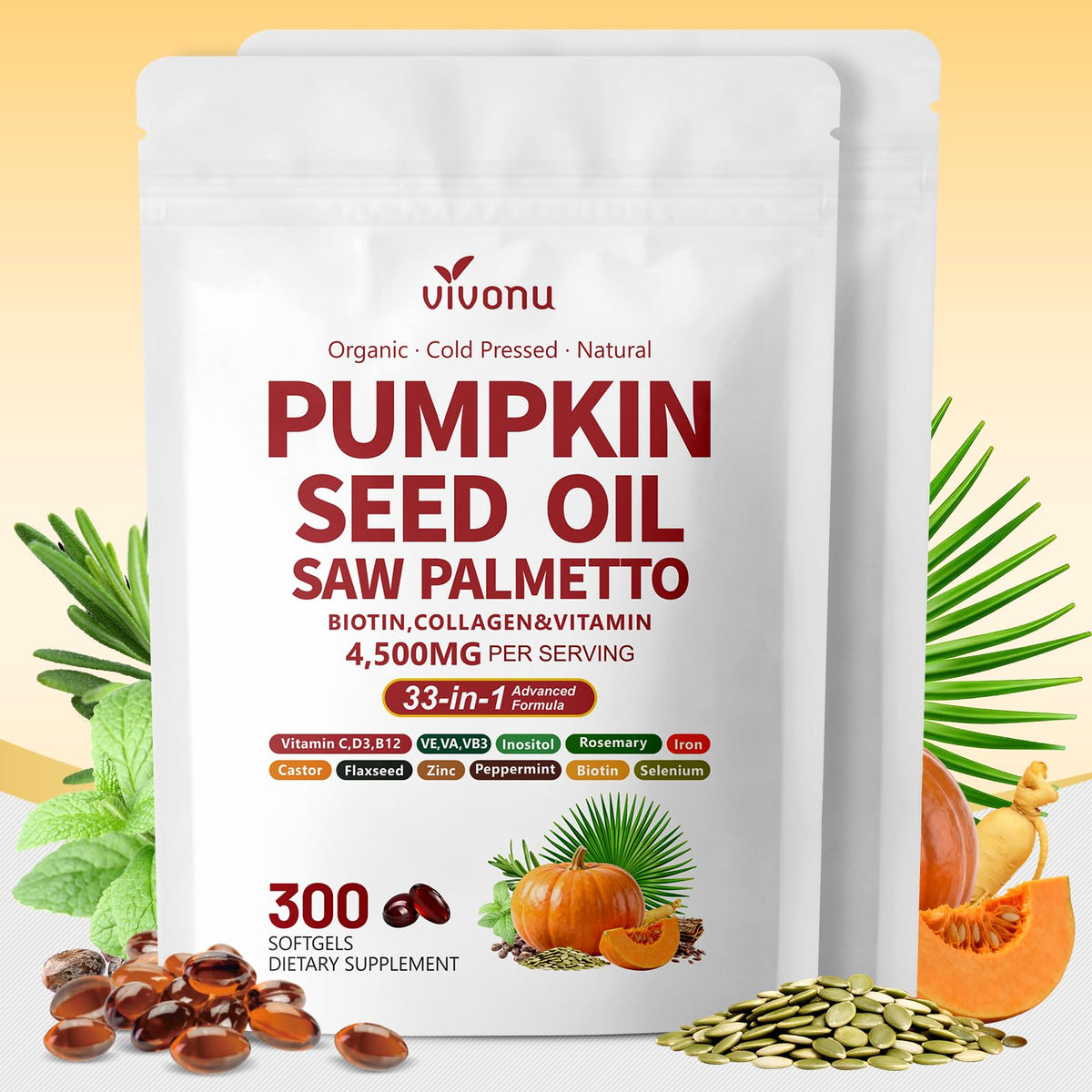 VivoNu Pumpkin Seed Oil with Saw Palmetto Hair Growth Capsules