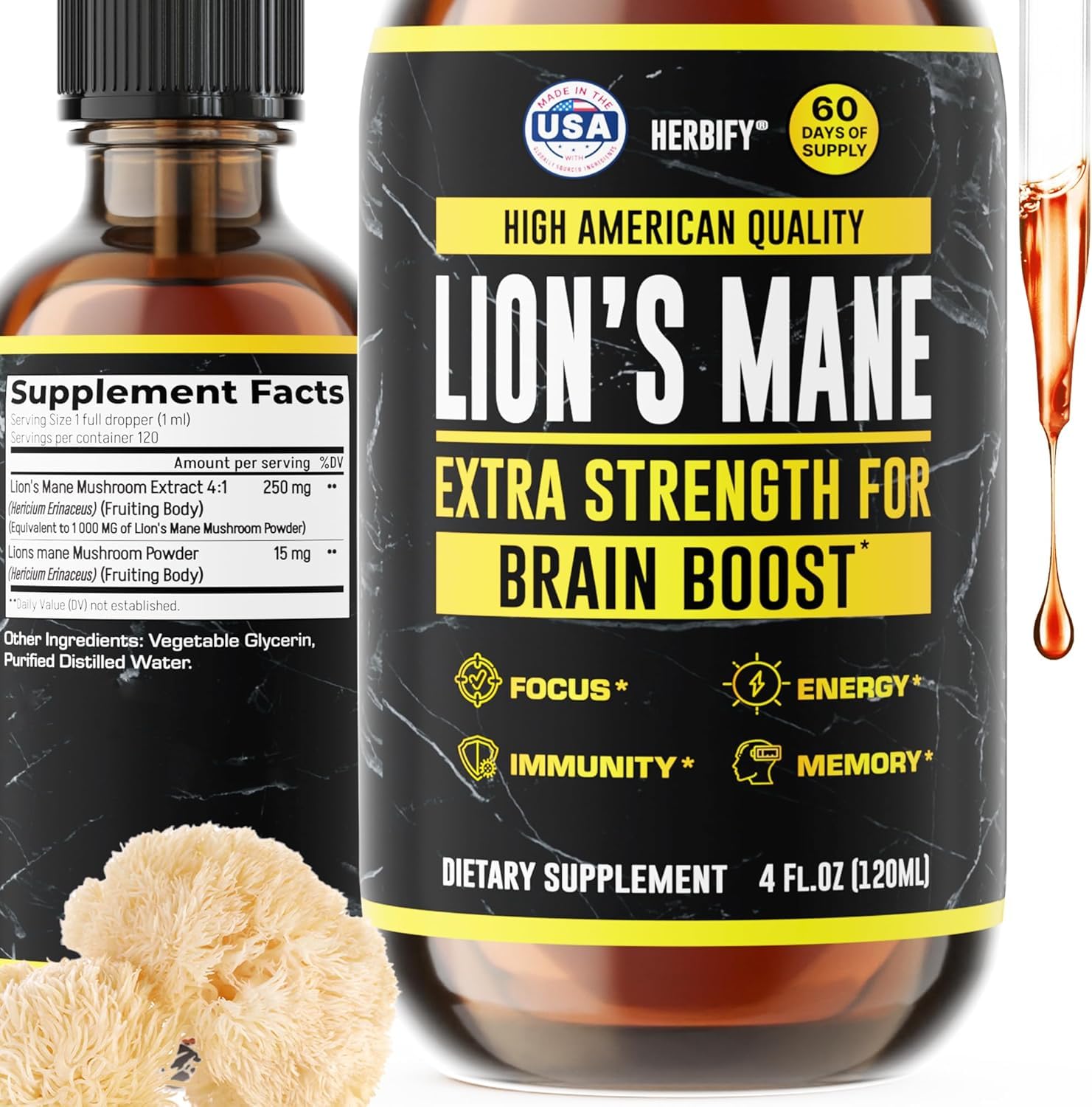HERBIFY Lions Mane Mushroom Tincture for Brain Health

