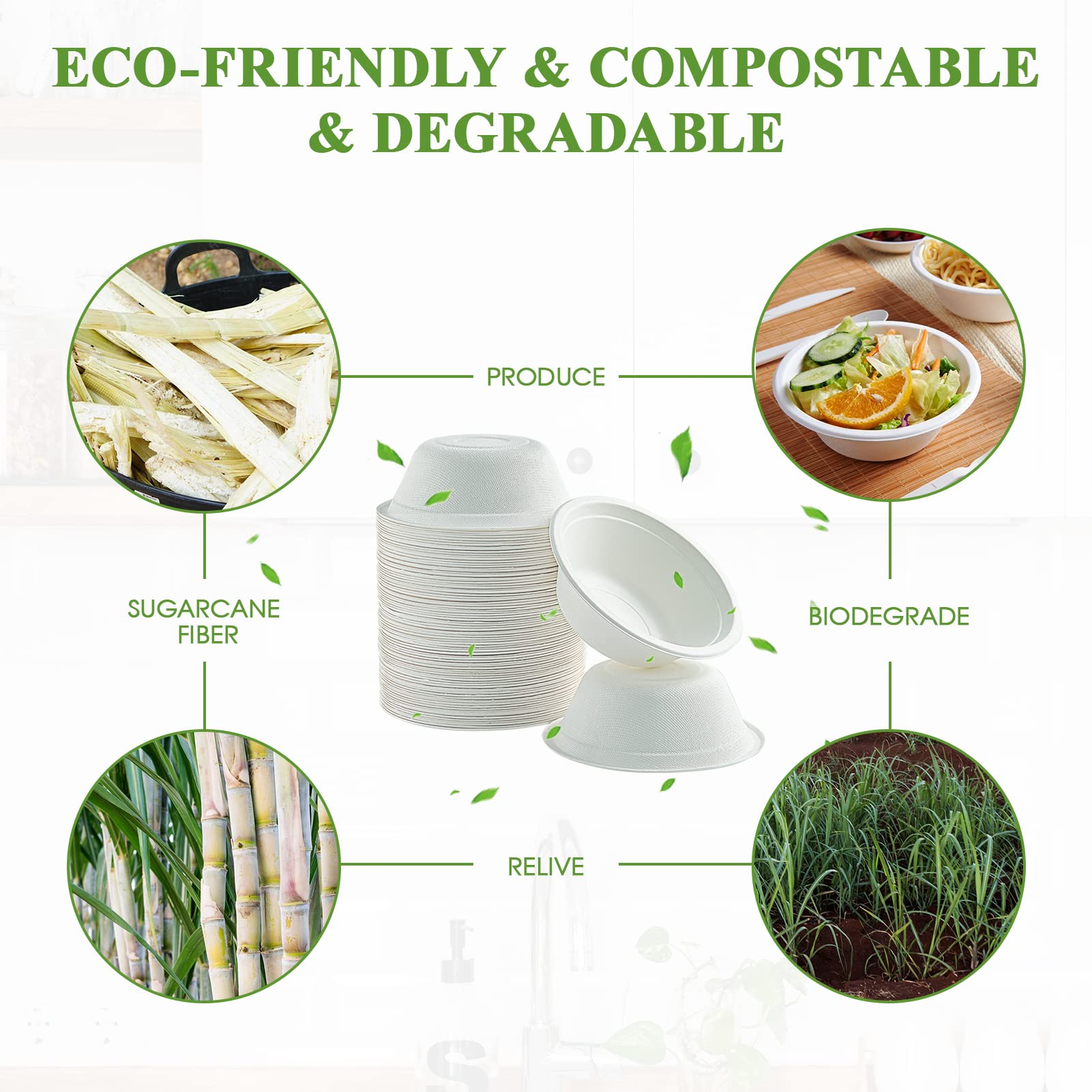 Vplus White Bagasse Bowls Compostable Heavy-Duty Bowls

