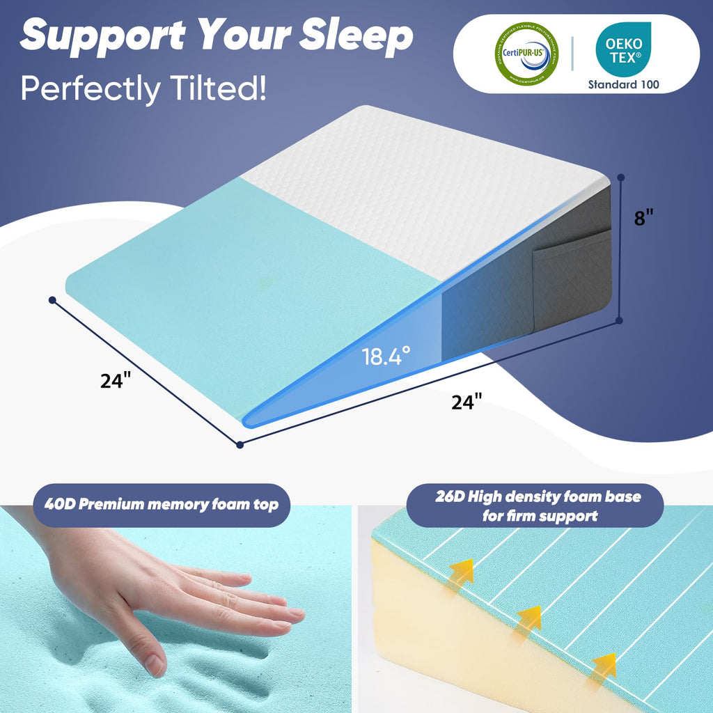 Bed Wedge Pillow with Memory Foam Top for Reading and Sleep

