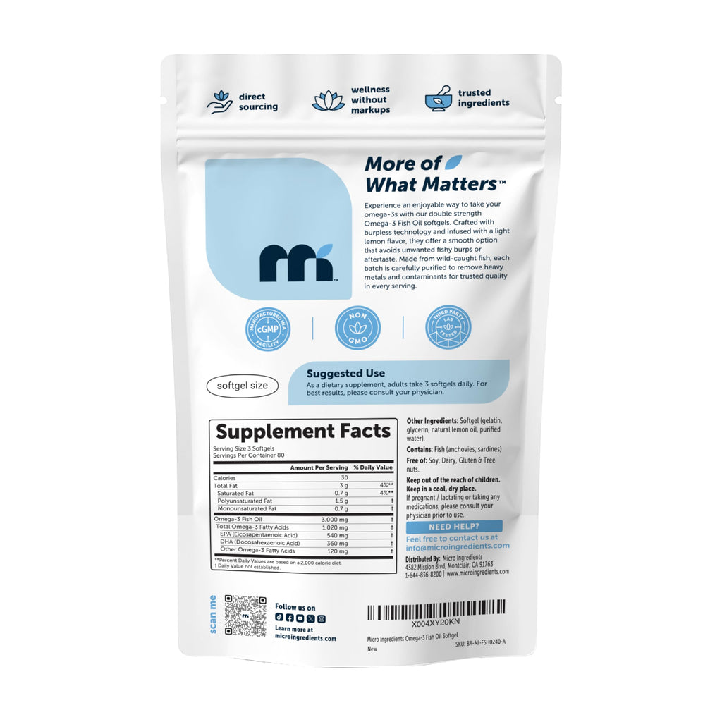 Micro Ingredients Omega-3 Fish Oil Softgels | EPA 540 DHA 360

