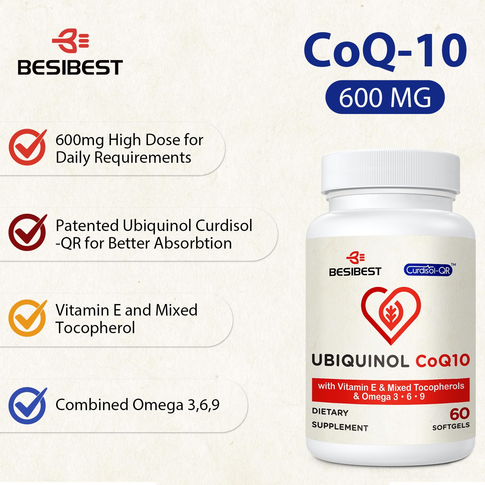 Besibest Ubiquinol CoQ10 600mg Softgels with Vitamin E

