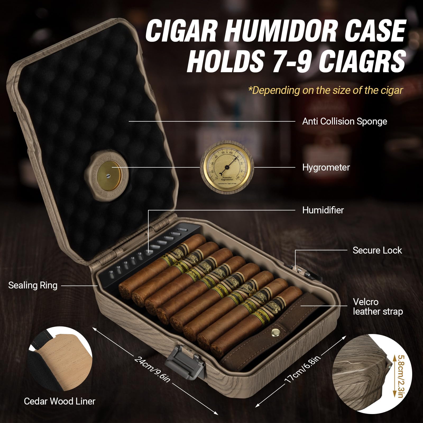 Travel Cigar Humidor Case with Humidifier and Hygrometer

