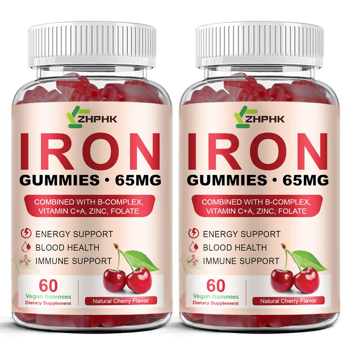 ZHPHK Iron Gummies – 65mg Iron with Folate, Gluten-Free Vegan