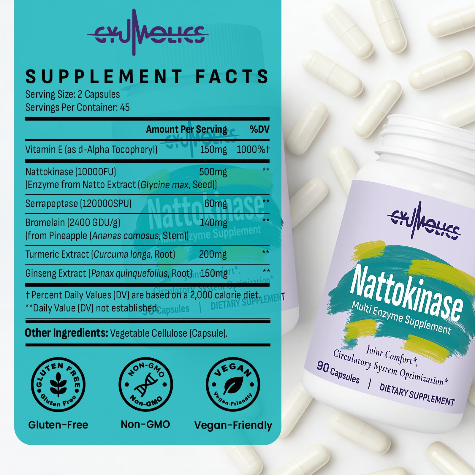 Nattokinase Organic Supplement with Serrapeptase, Bromelain, Curcumin

