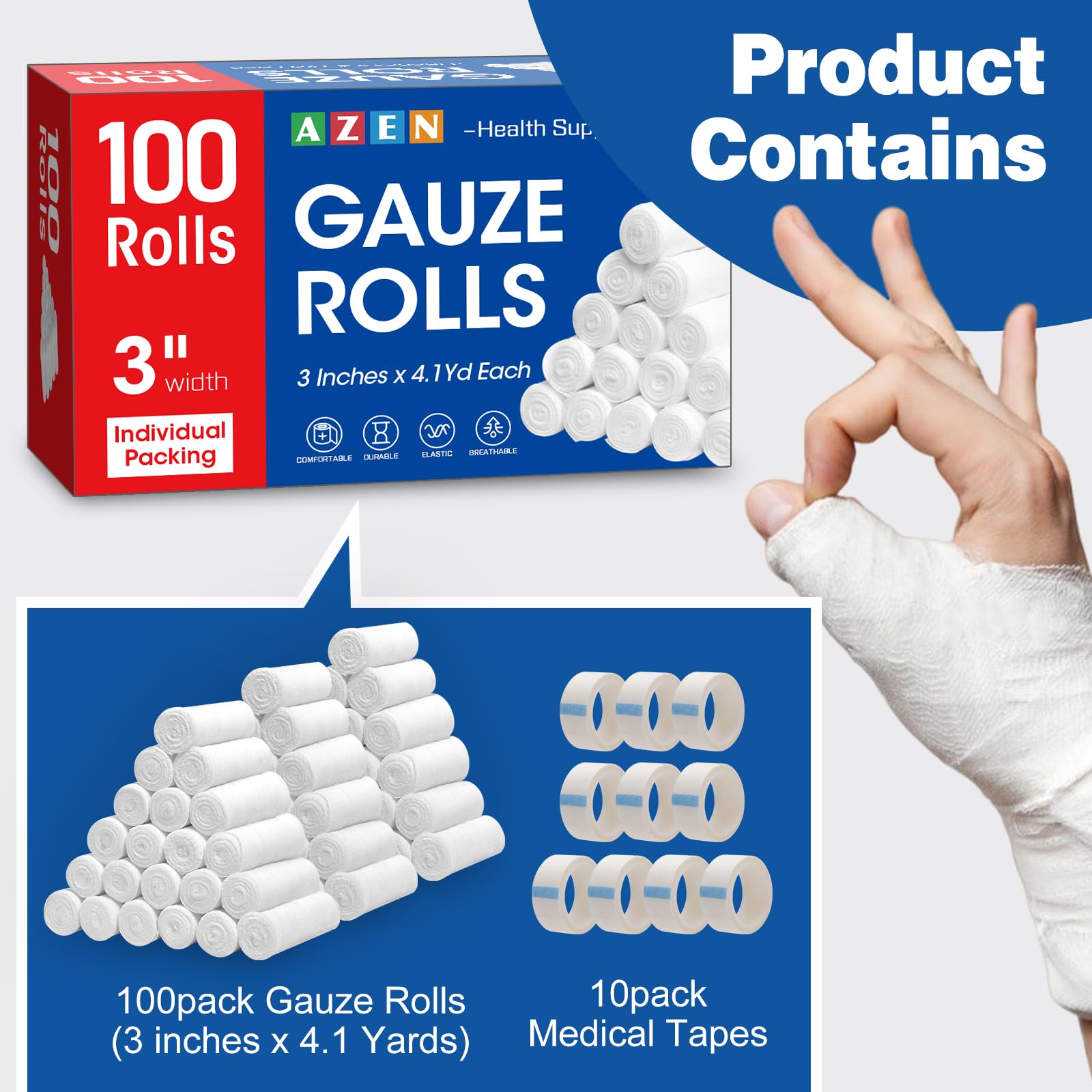 AZEN Gauze Roll Bandages for Wound Care - Non-Stick

