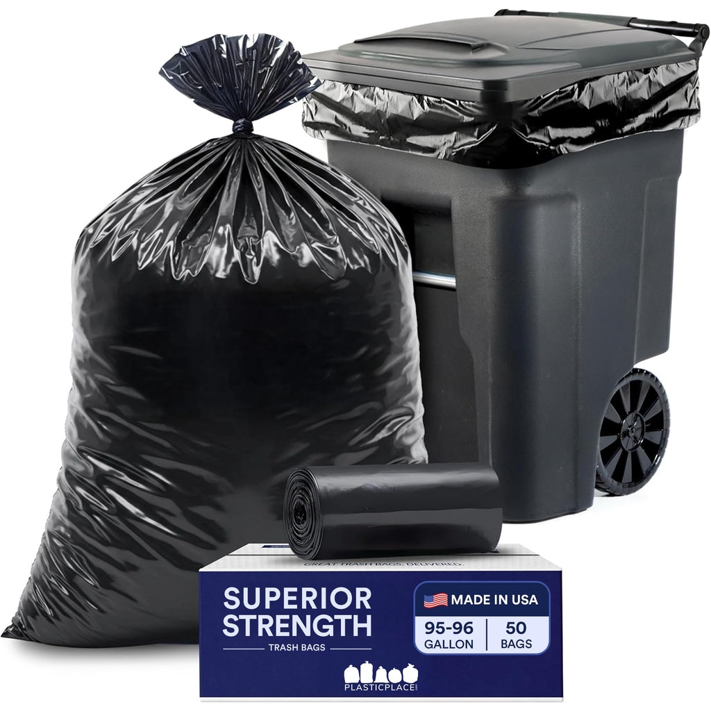 Plasticplace 95-96 Gallon Heavy-Duty 1.5 Mil Black Trash Bags for Rollaway Bins 61 x 68