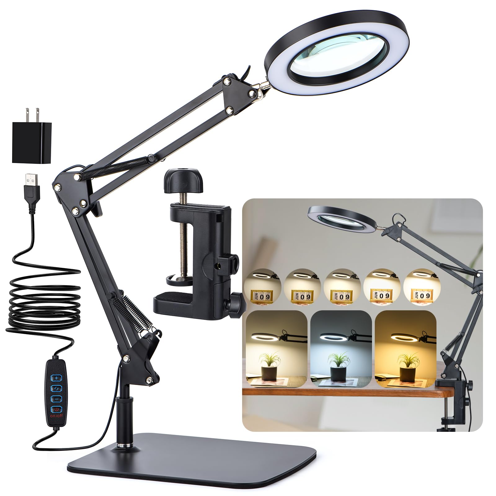 LED Magnifier Desk Lamp with 5-Dopter Lens - 3 Color Modes

