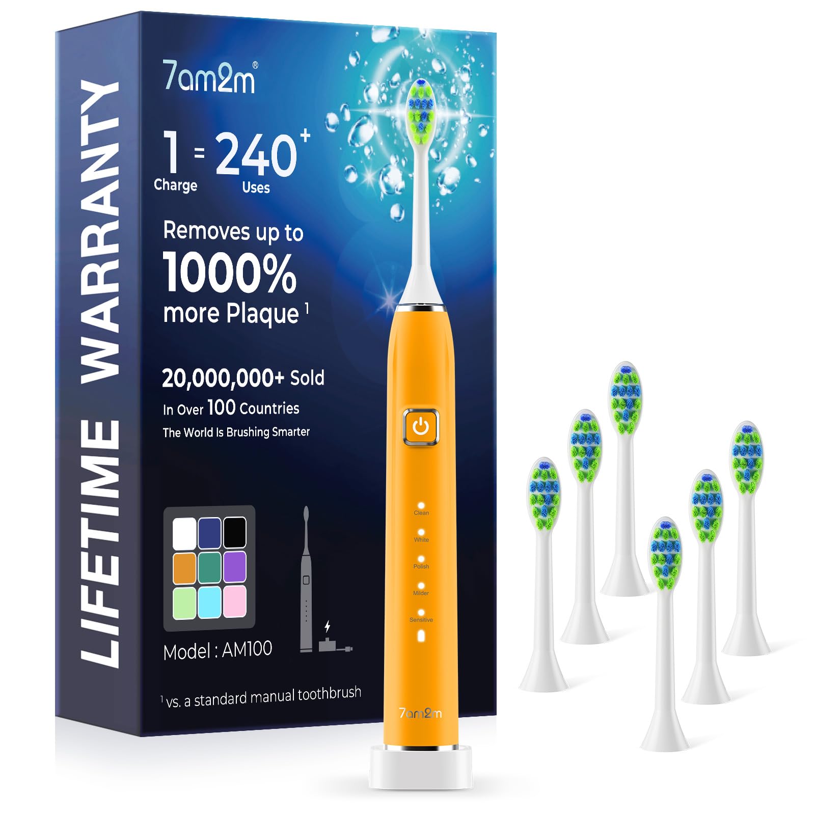 7AM2M Sonic Electric Toothbrush with 6 Brush Heads, 120-Day Battery, 5 Modes