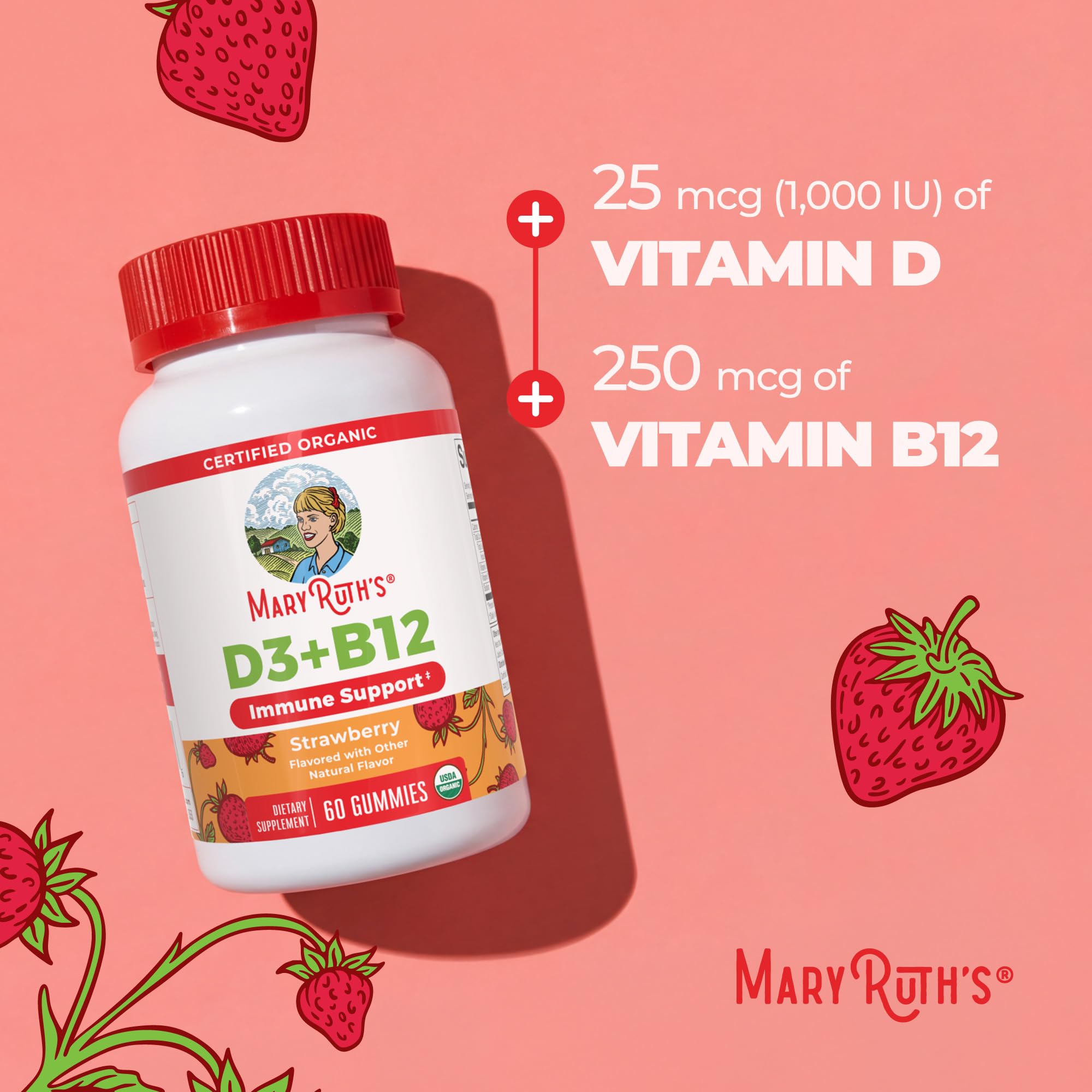 MARYRUTH'S Vitamin D3 + B12 Gummies | Immune & Bone Support


