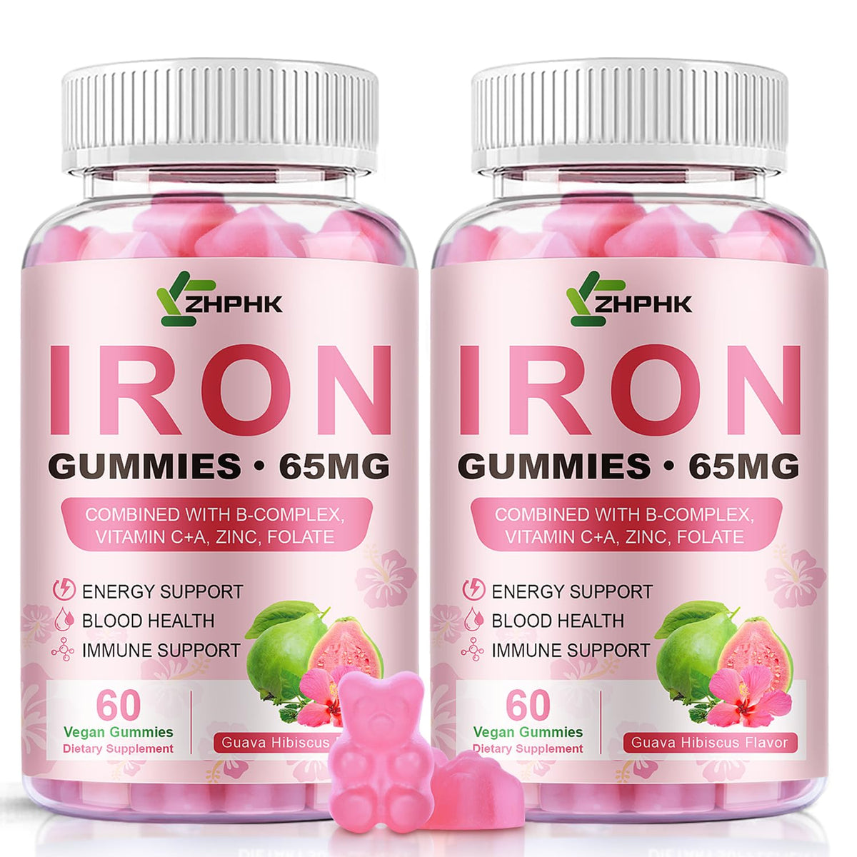 ZHPHK Iron Gummies – 65mg Iron with Folate, Gluten-Free Vegan