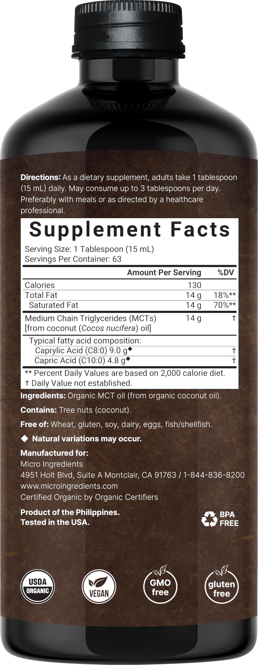 Micro Ingredients Organic MCT Oil - Keto & Vegan

