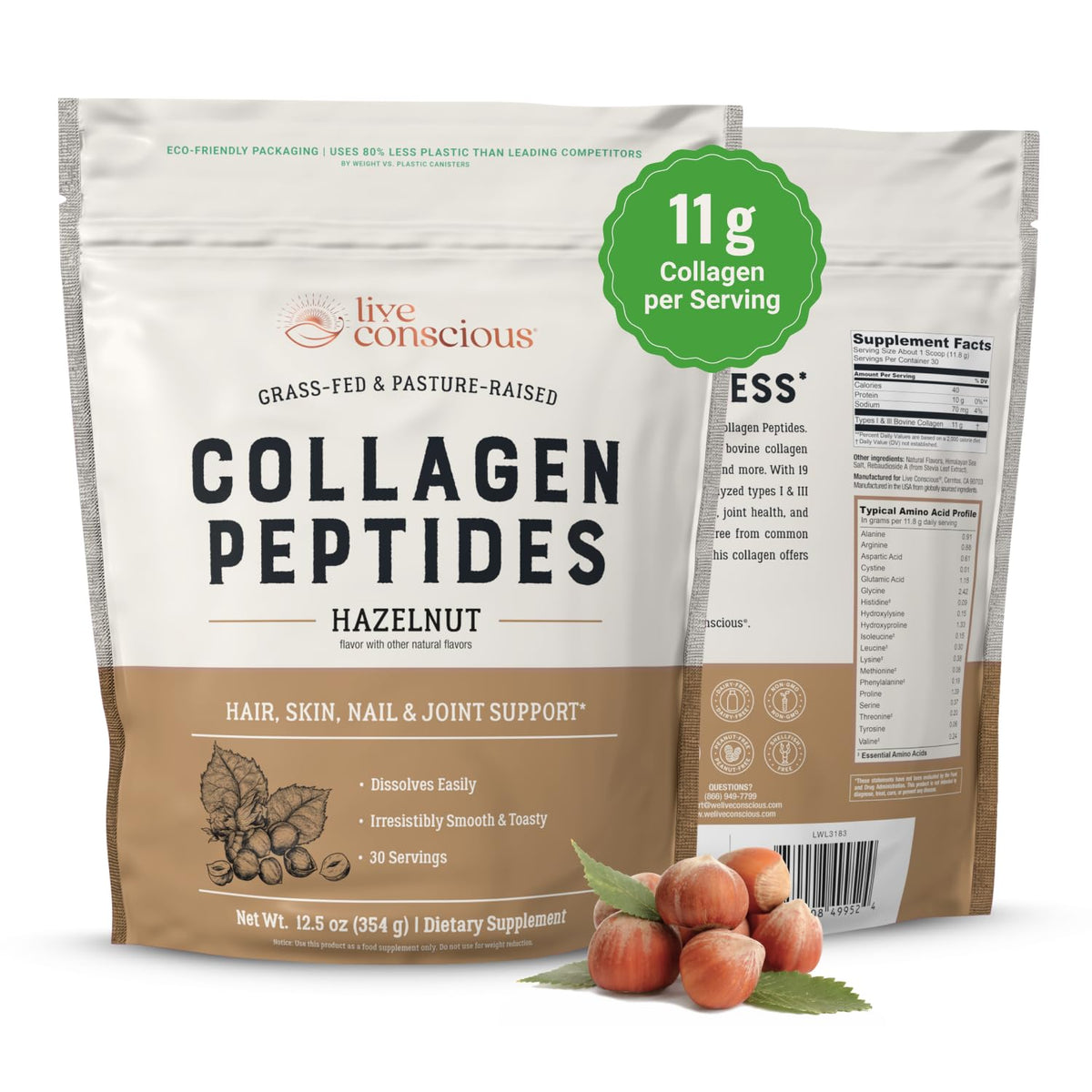Live Conscious Collagen Peptides Powder – Hydrolyzed Type I & III, Grass-Fed