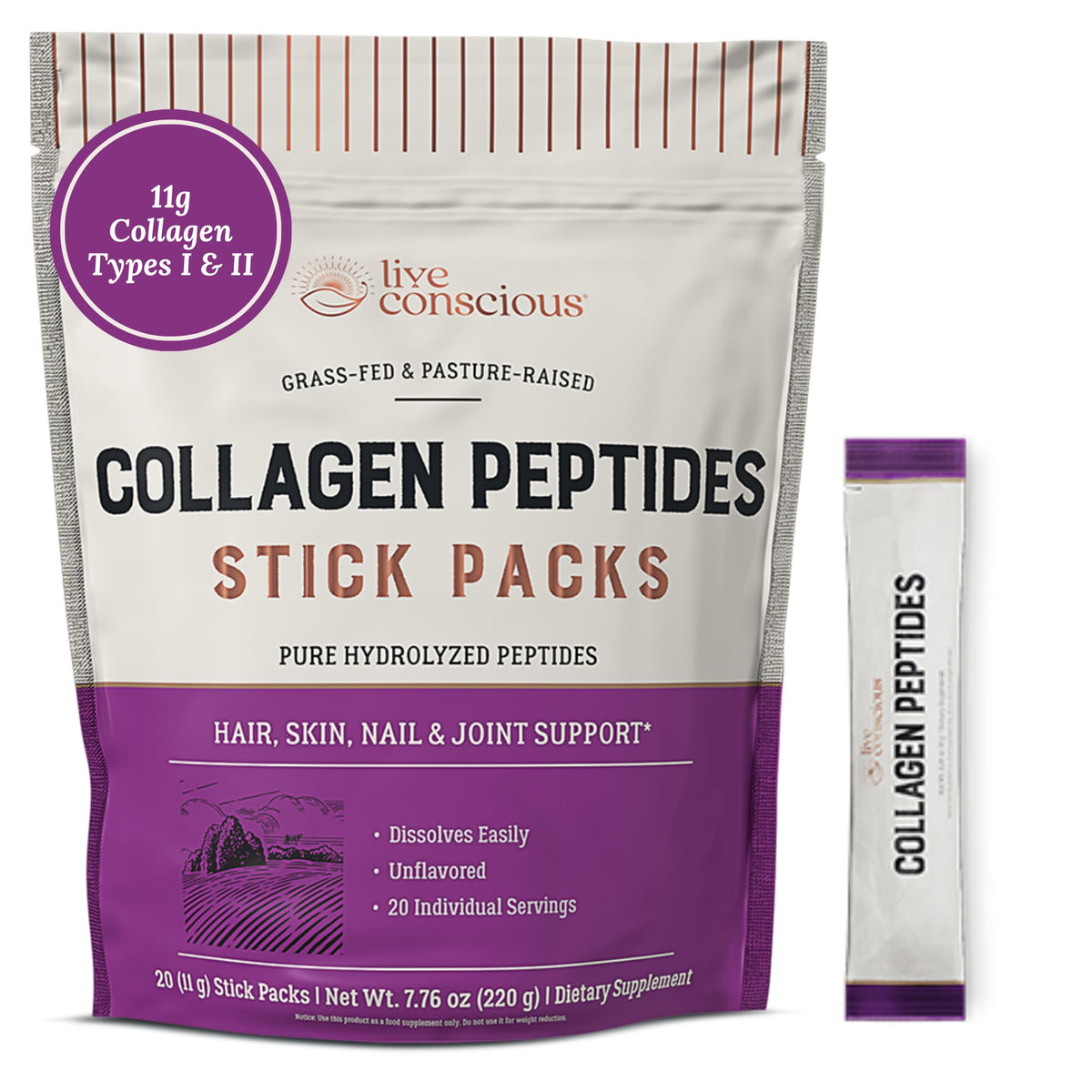 Live Conscious Collagen Peptides Powder – Hydrolyzed Type I & III, Grass-Fed