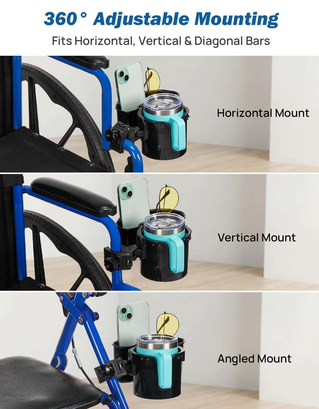 JOYTUTUS Wheelchair Cup Holder 2-in-1 with Storage

