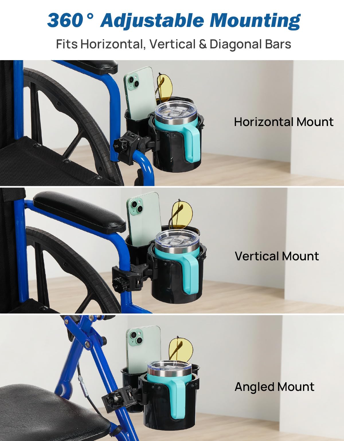 JOYTUTUS Wheelchair Cup Holder 2-in-1 with Storage

