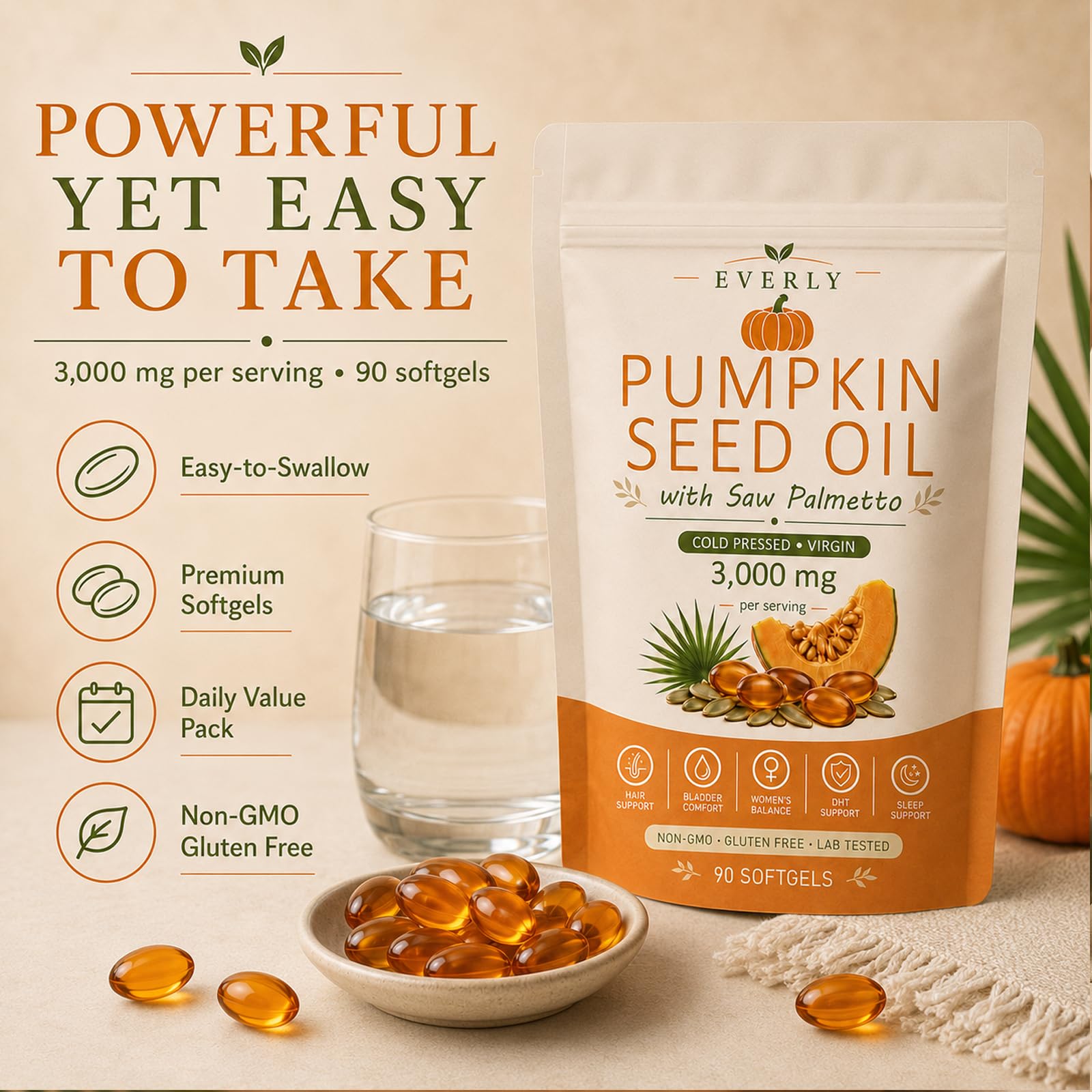 Everly Pumpkin Seed Oil with Saw Palmetto Softgels - Cold Pressed

