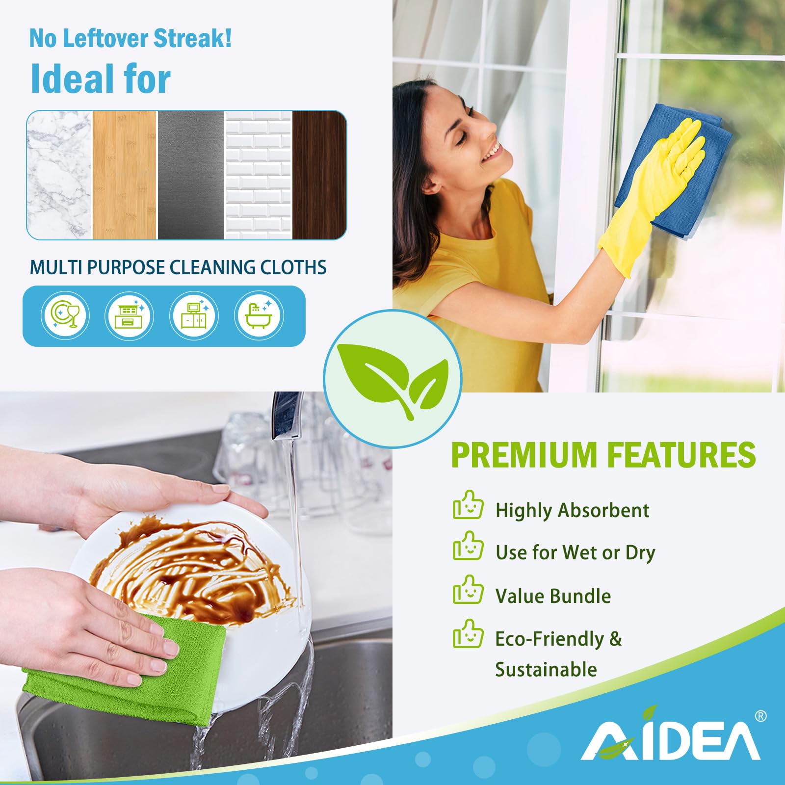 AIDEA Microfiber Cleaning Cloths – Soft, Reusable Towels


