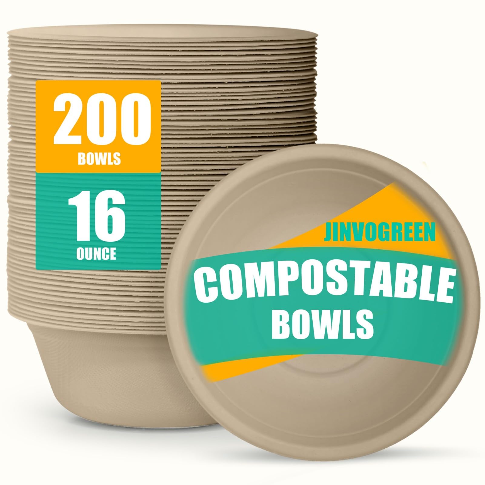 JINVOGREEN Paper Bowls - Disposable Bagasse, Compostable, Microwave Safe