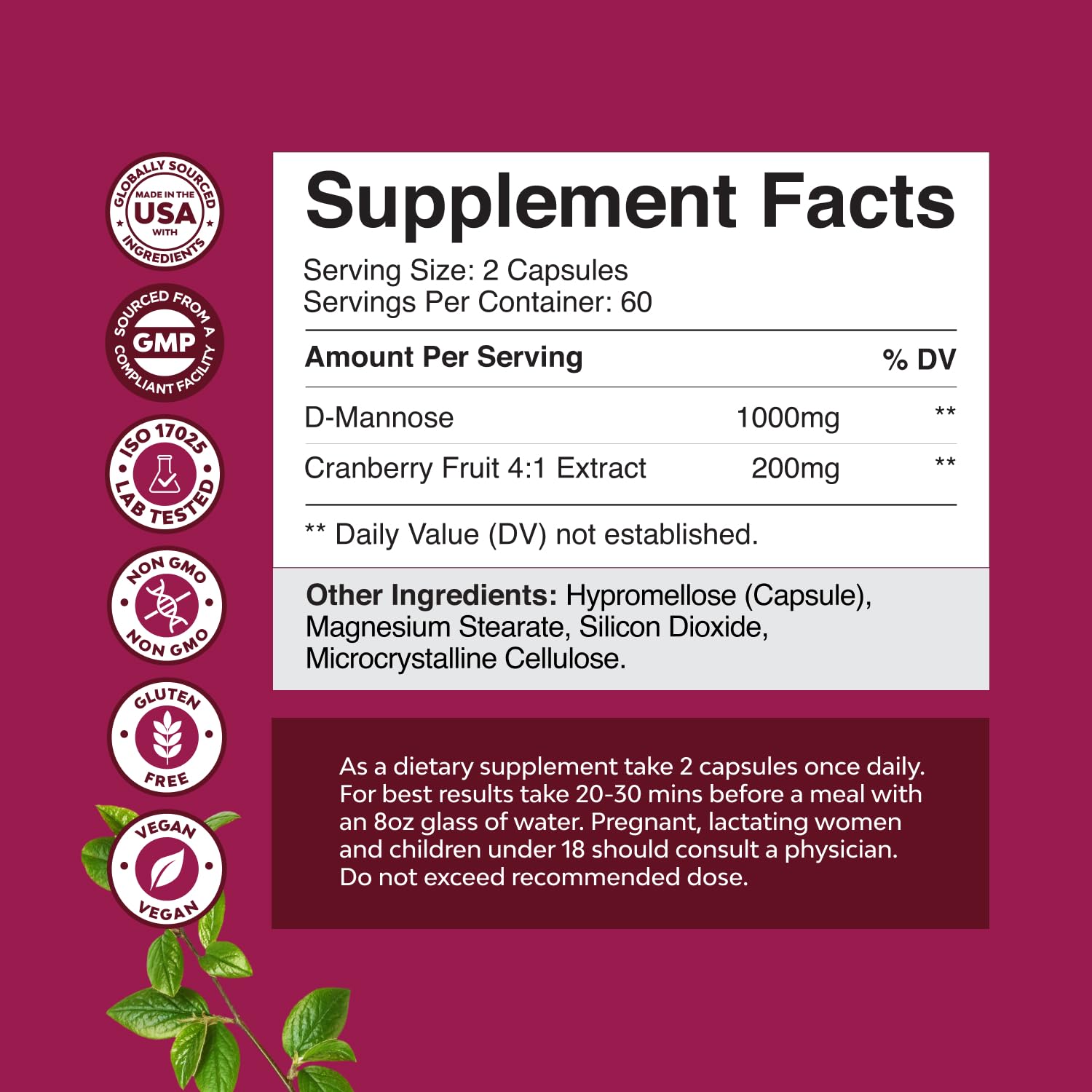 D Mannose with Cranberry Capsules Urinary Tract Health

