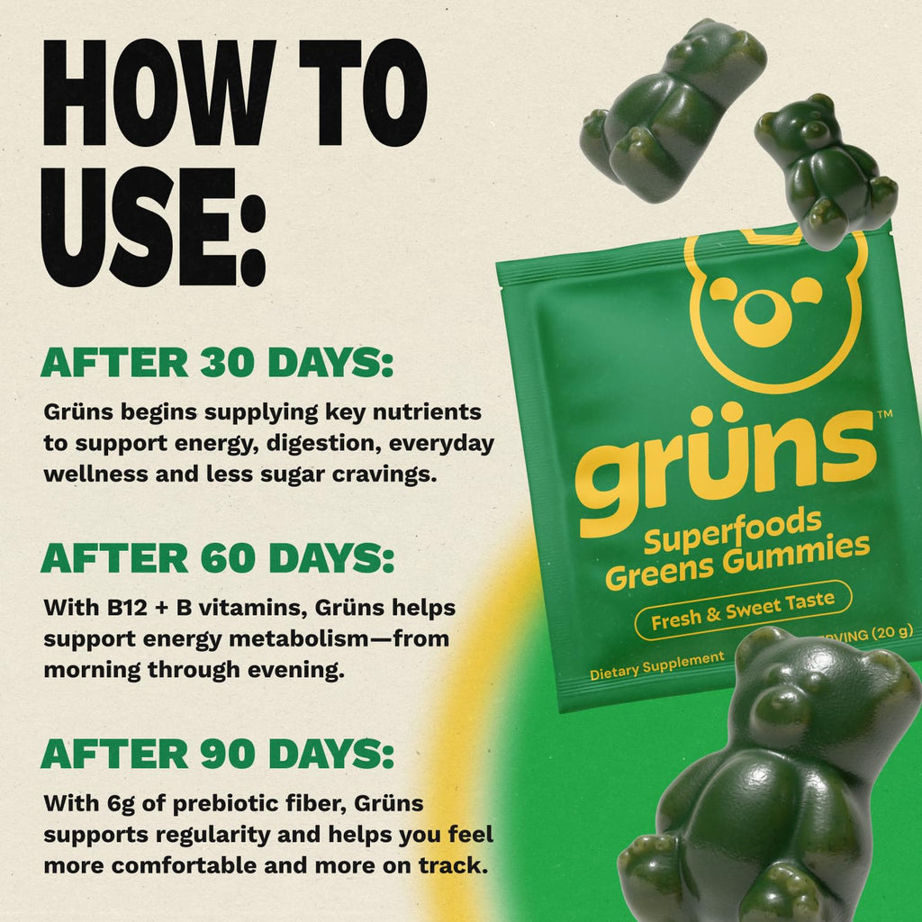 Grüns Adult Greens Gummies Multivitamin with Prebiotic Fiber


