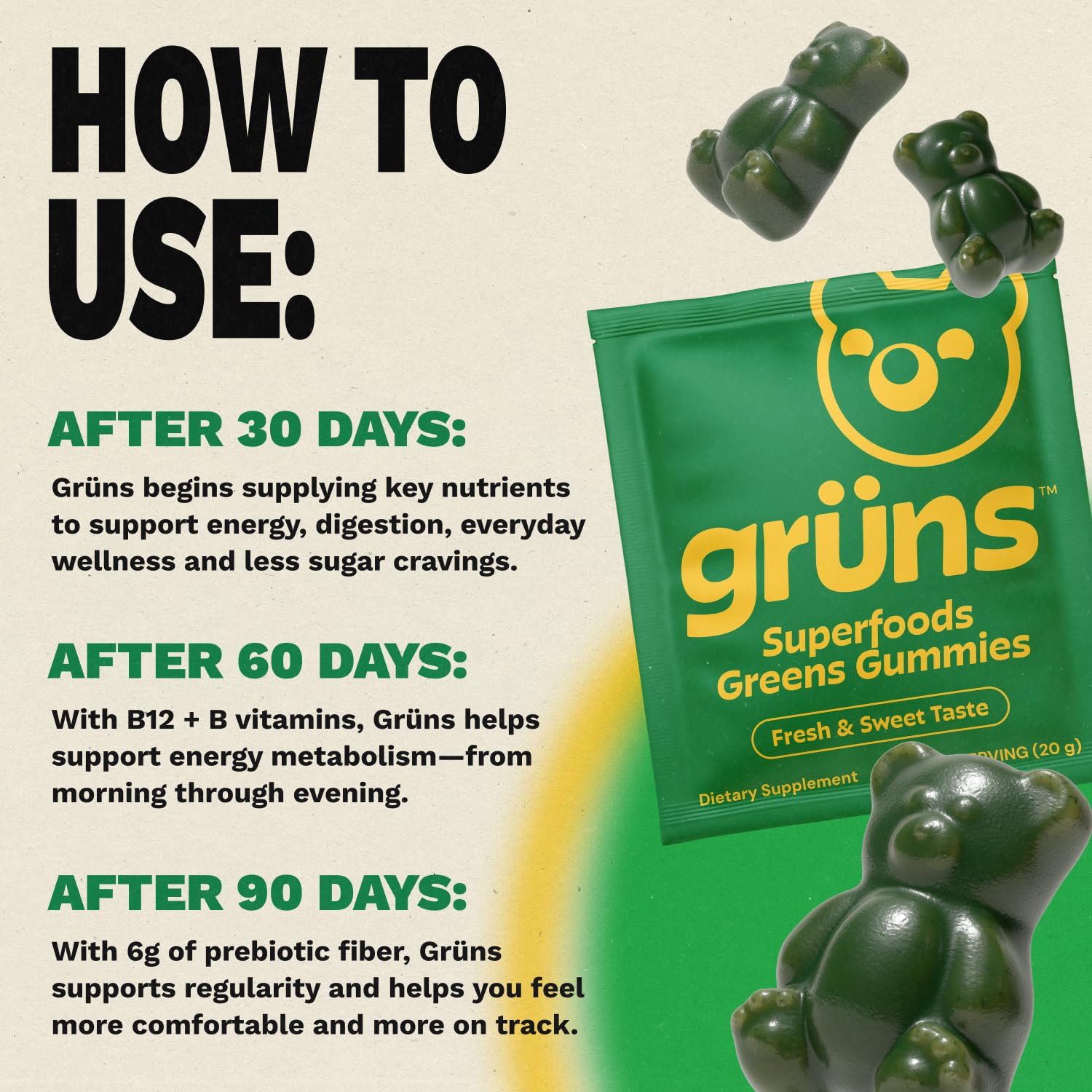 Grüns Adult Greens Gummies Multivitamin with Prebiotic Fiber

