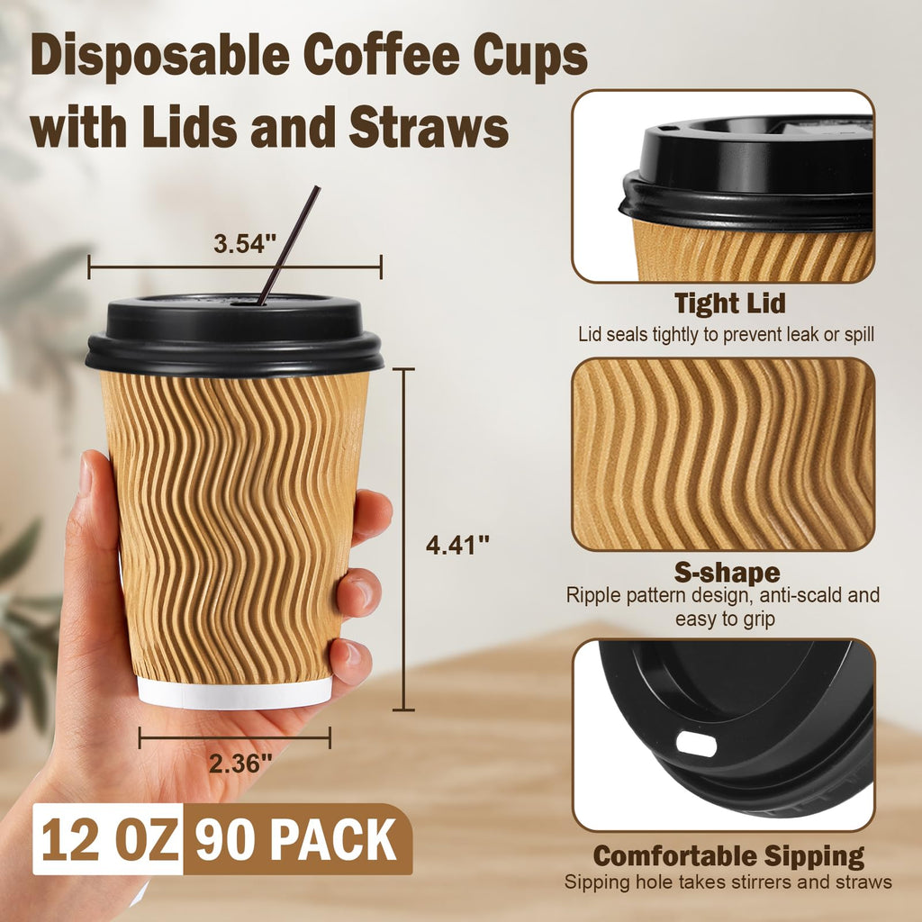 SIUQ Coffee Cups - Insulated Disposable Cups with Lids

