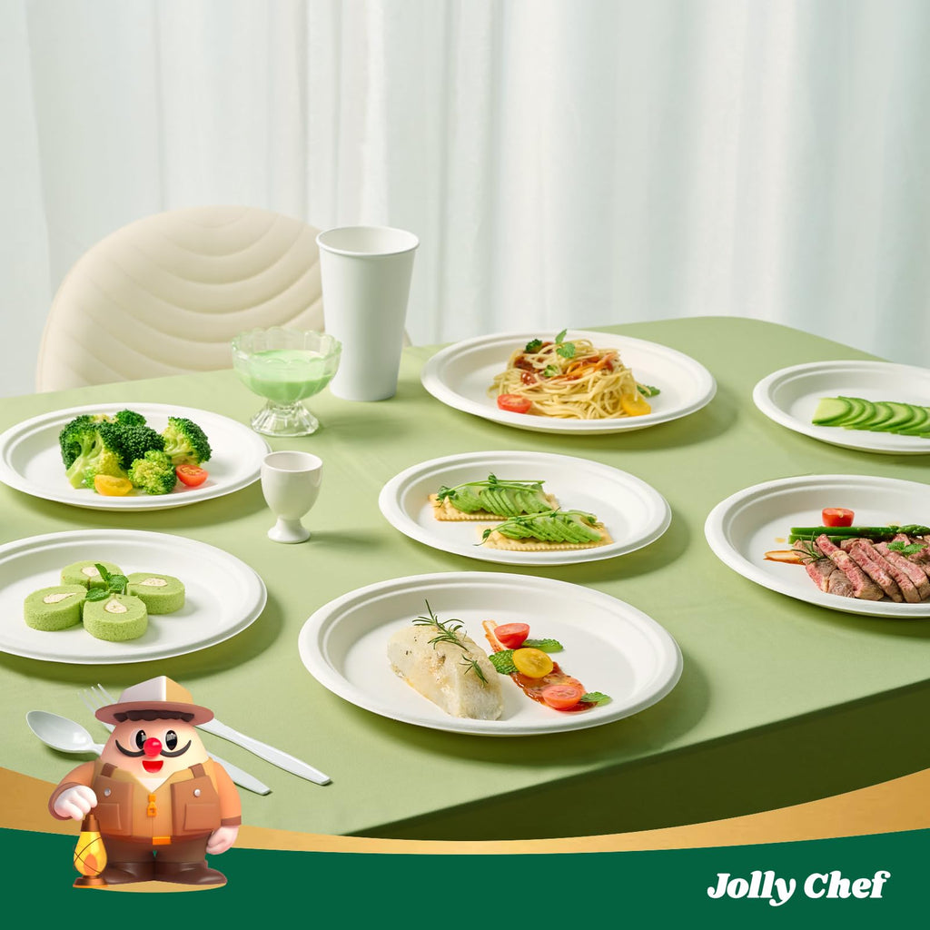 JOLLY CHEF Compostable Heavy-Duty Plates Sugarcane Fiber

