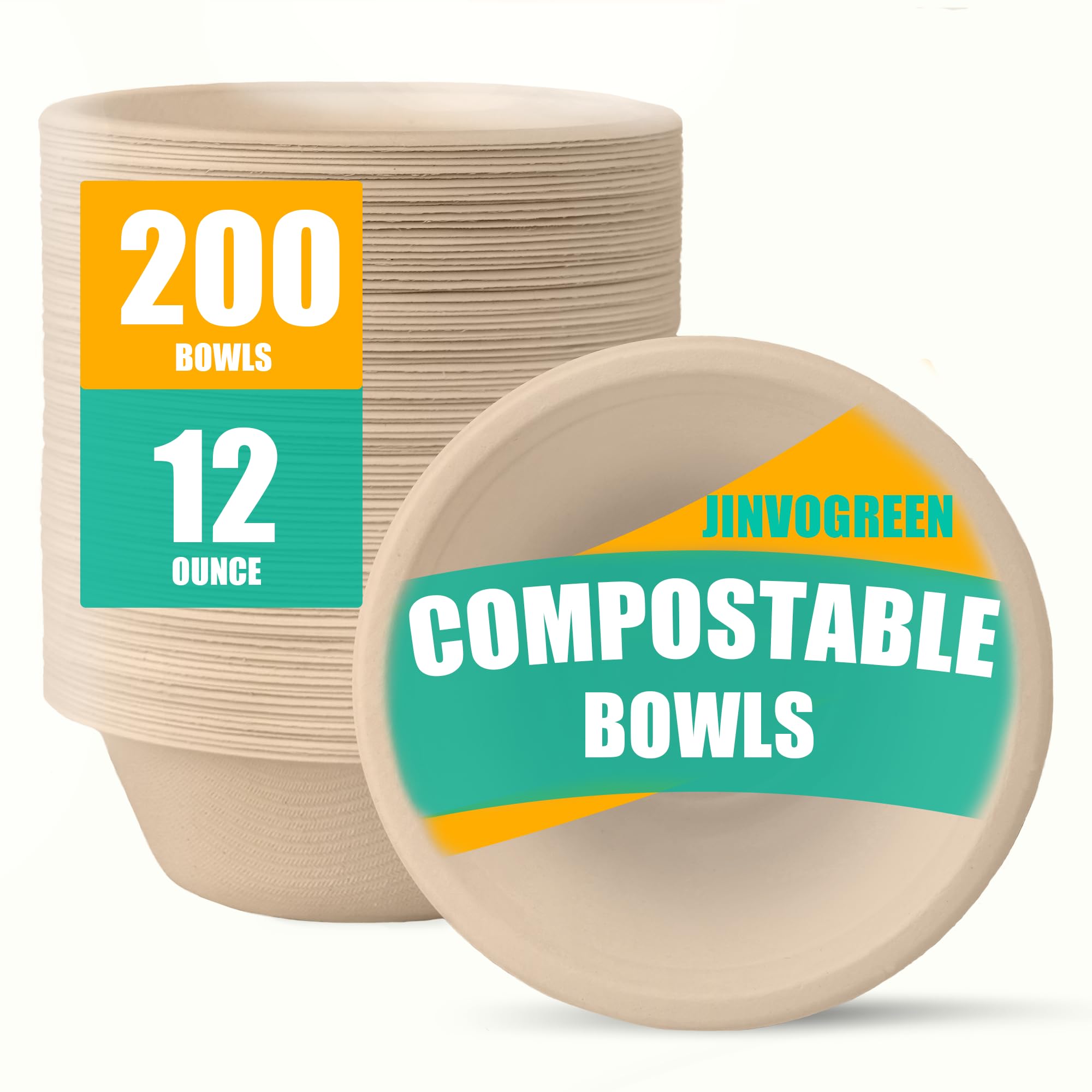 JINVOGREEN Paper Bowls - Disposable Bagasse, Compostable, Microwave Safe