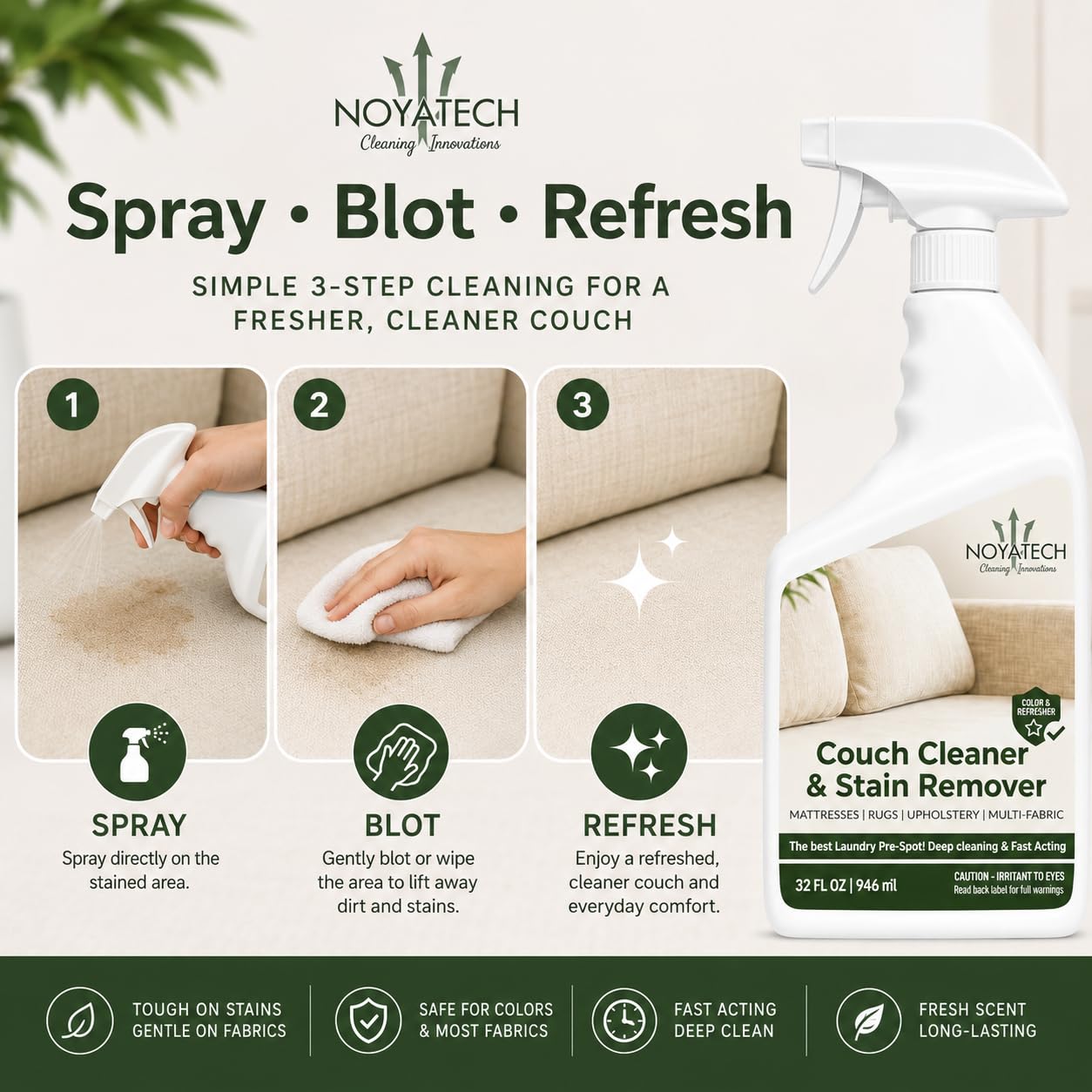NOYATECH Couch Cleaner and Stain Remover Spray - Non-Toxic

