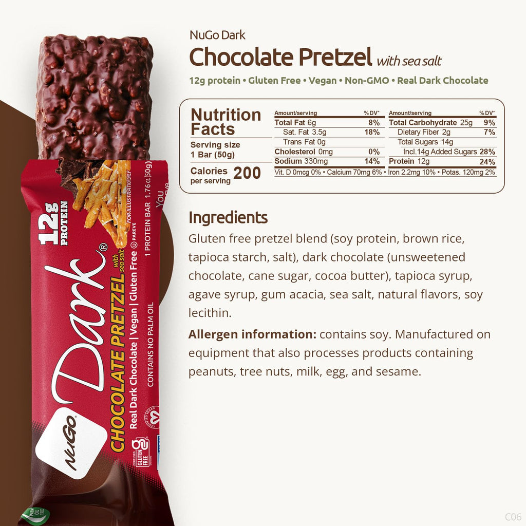NuGo Dark Vegan Protein Bar Real Dark Chocolate Gluten Free

