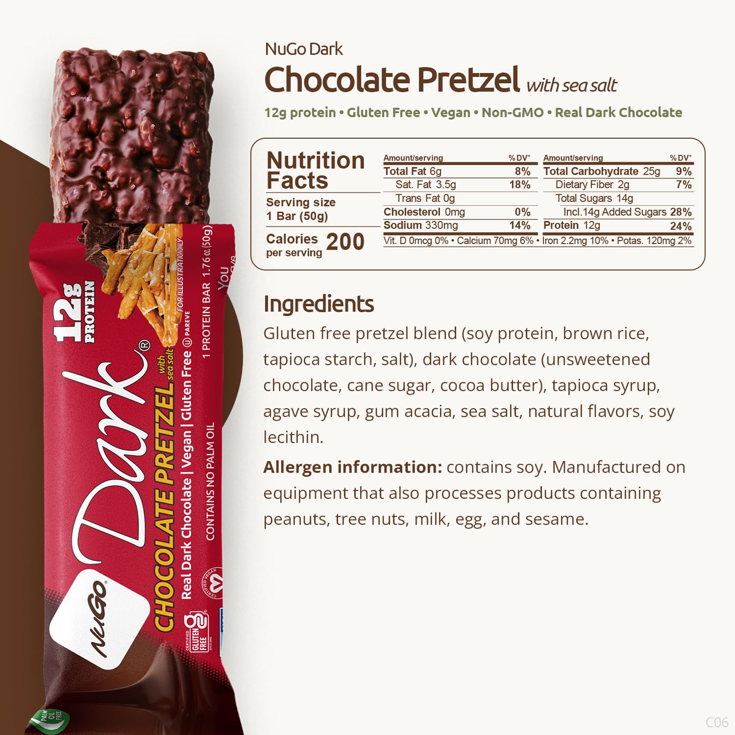 NuGo Dark Vegan Protein Bar Real Dark Chocolate Gluten Free

