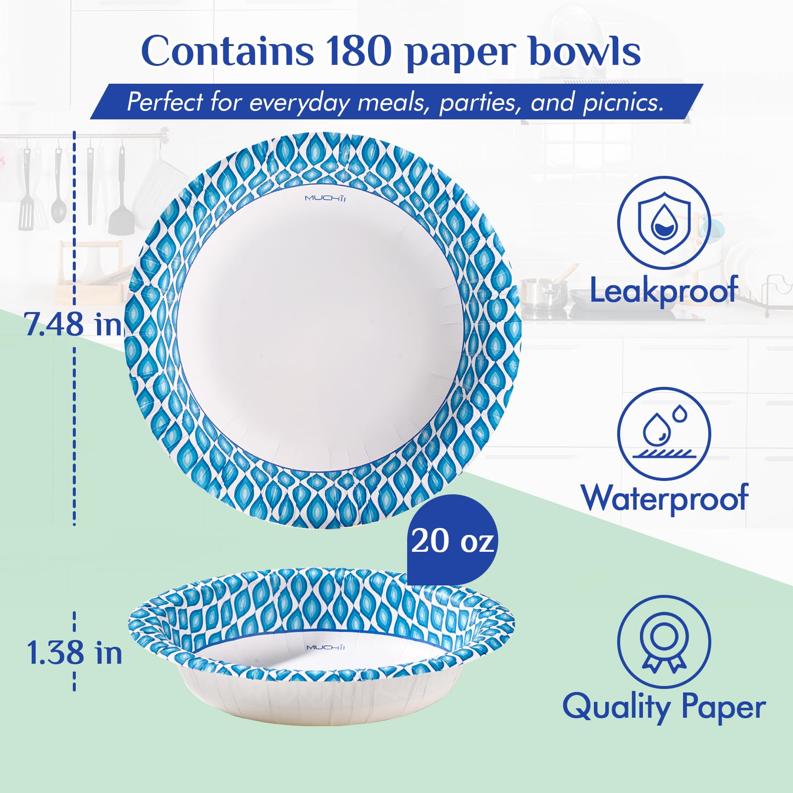 MUCHII Disposable Paper Bowls Bulk - Soak-Proof & Printed

