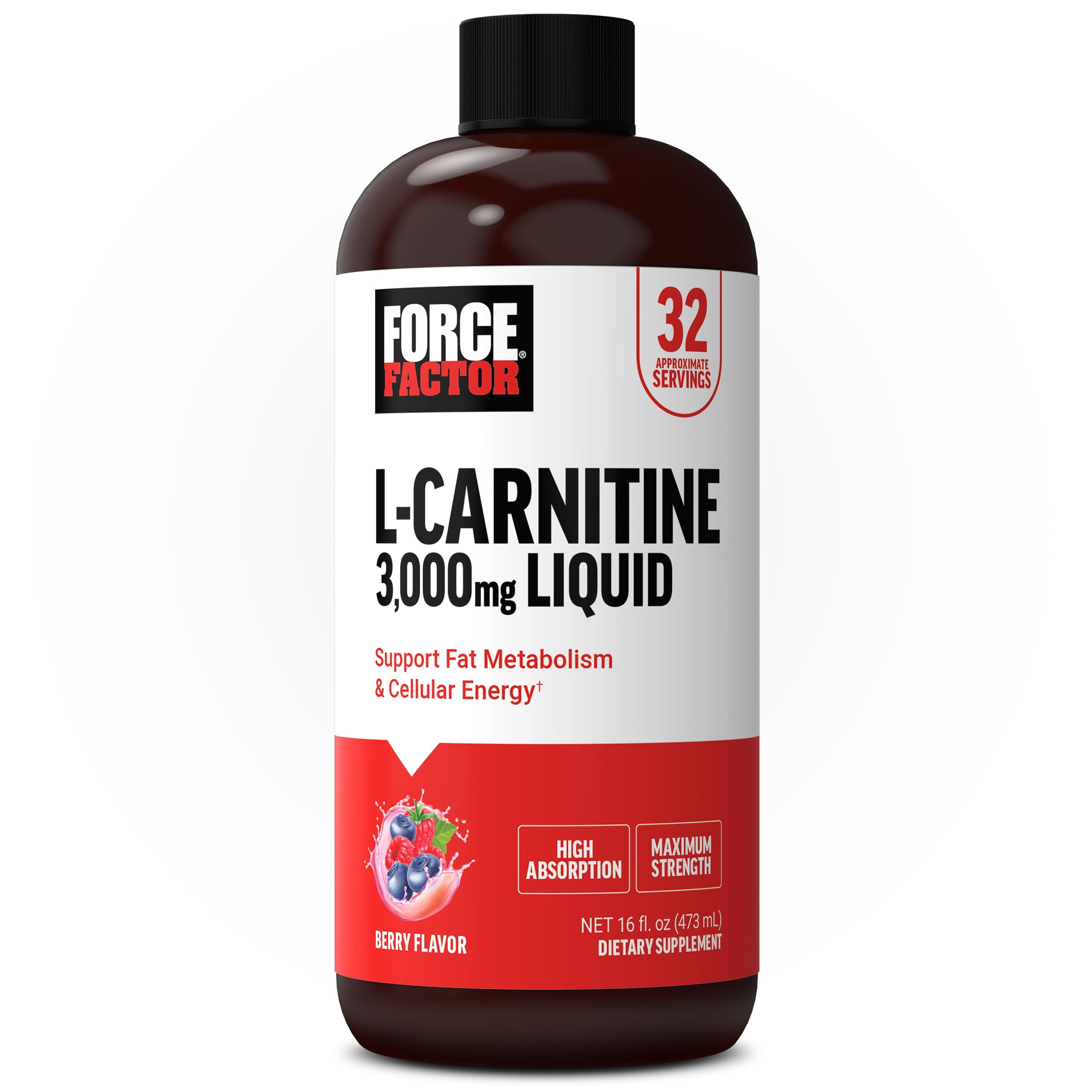 Force Factor L-Carnitine Liquid 3000mg – 16 oz Bottle, Non-GMO
