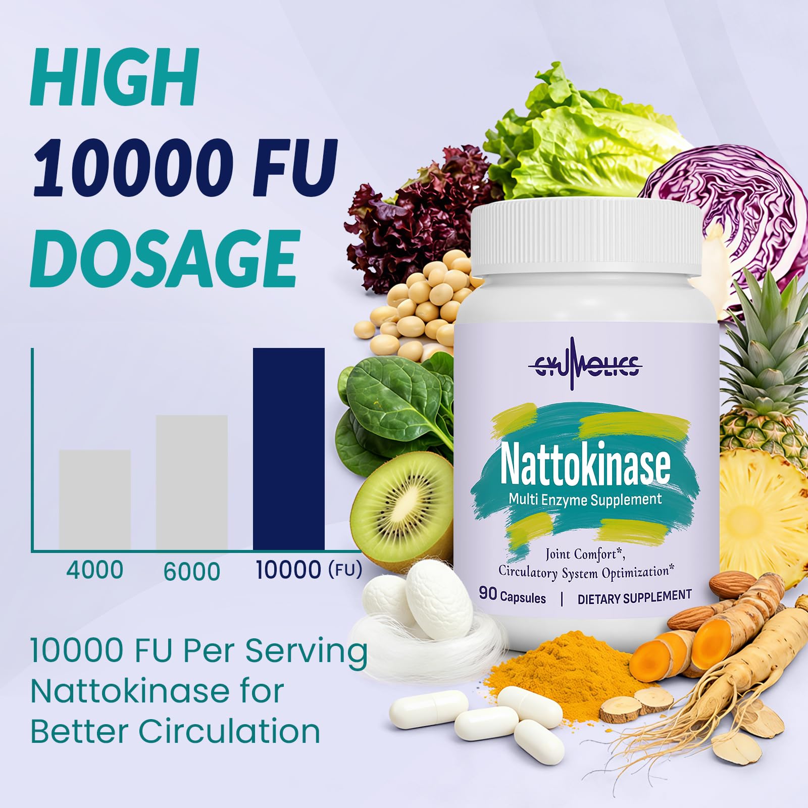 Nattokinase Organic Supplement with Serrapeptase, Bromelain, Curcumin

