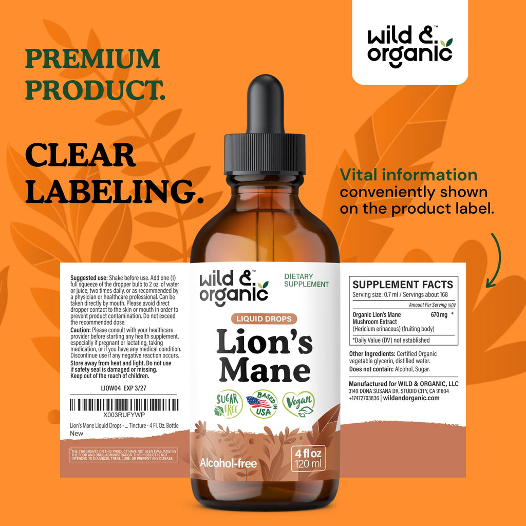Lion's Mane Liquid Drops by Wild & Organic for Brain Support

