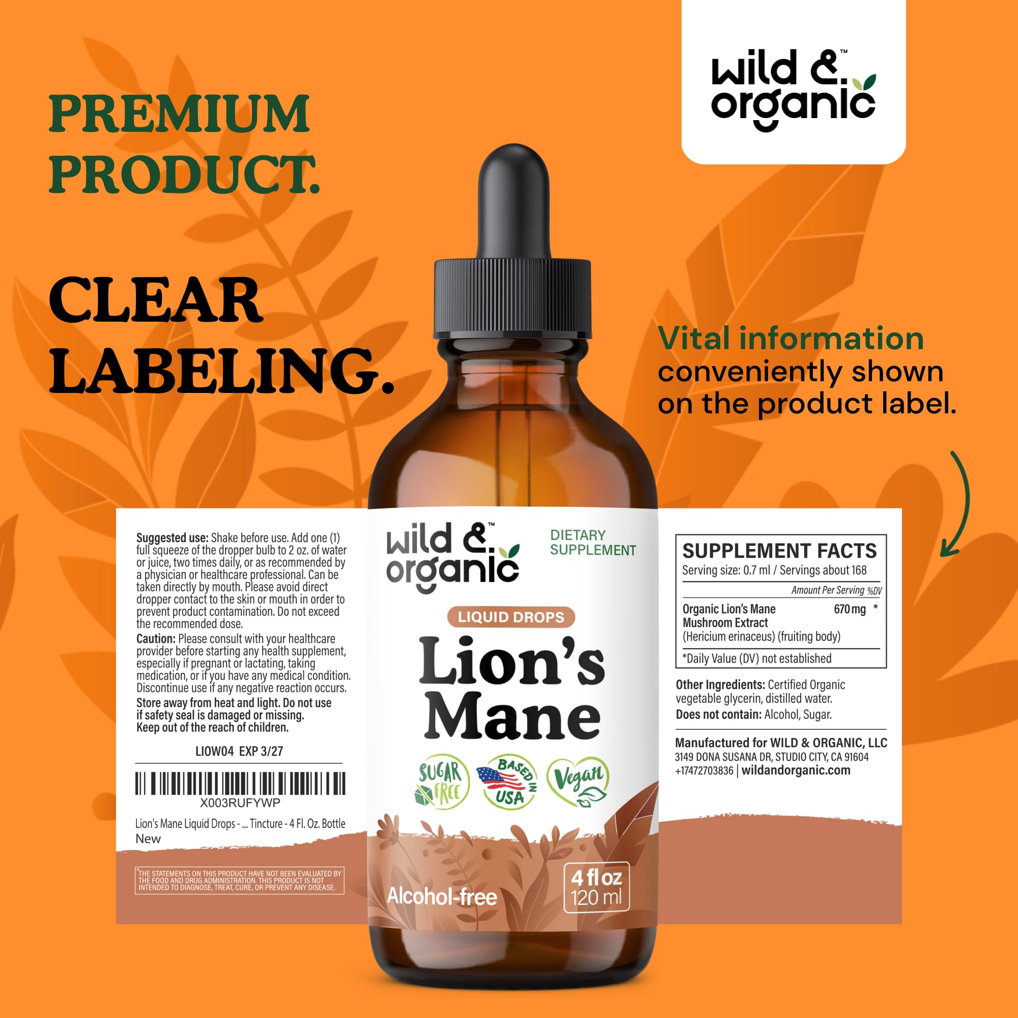 Lion's Mane Liquid Drops by Wild & Organic for Brain Support

