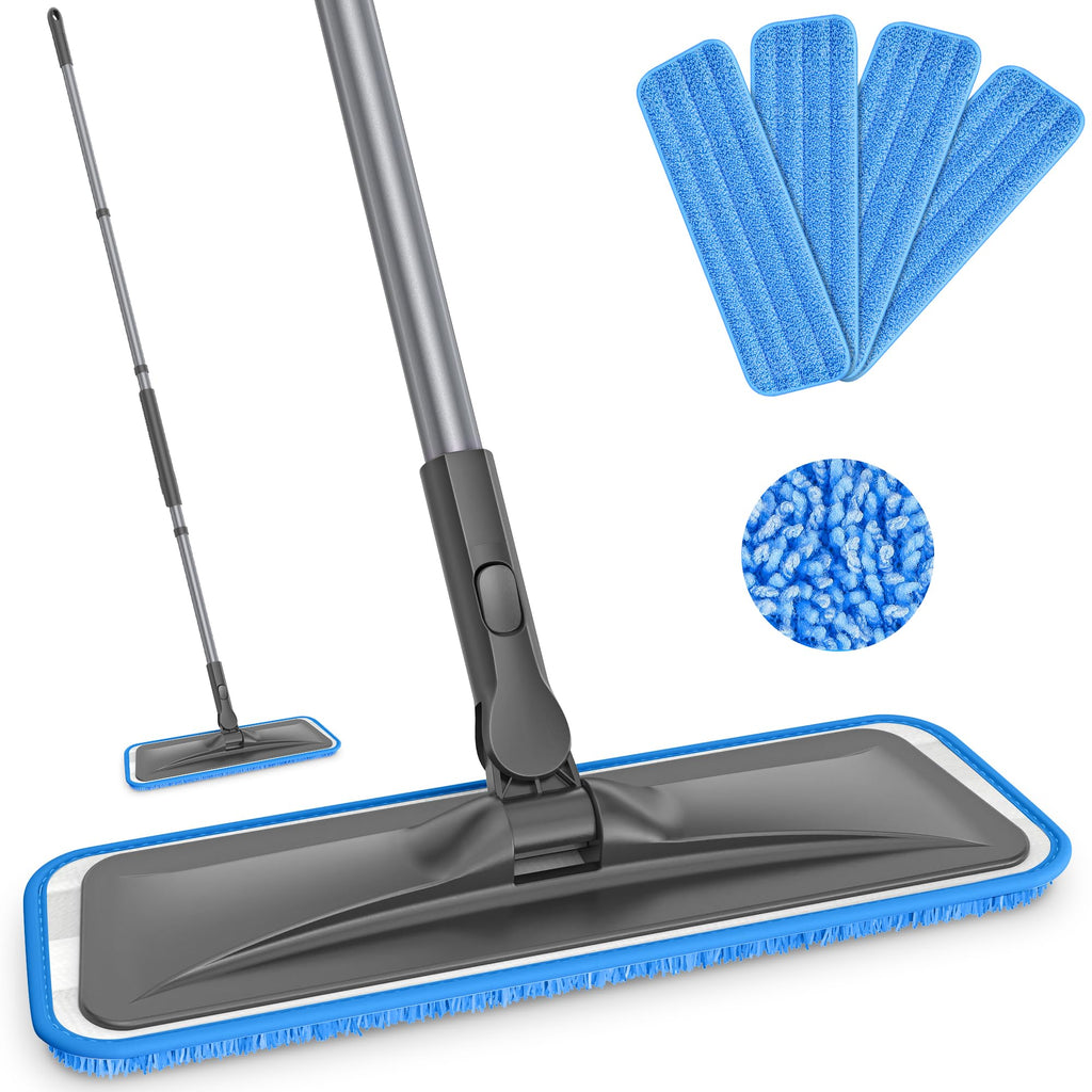 BPAWA Microfiber Flat Floor Mop with 4 Washable Chenille Pads and Adjustable Handle
