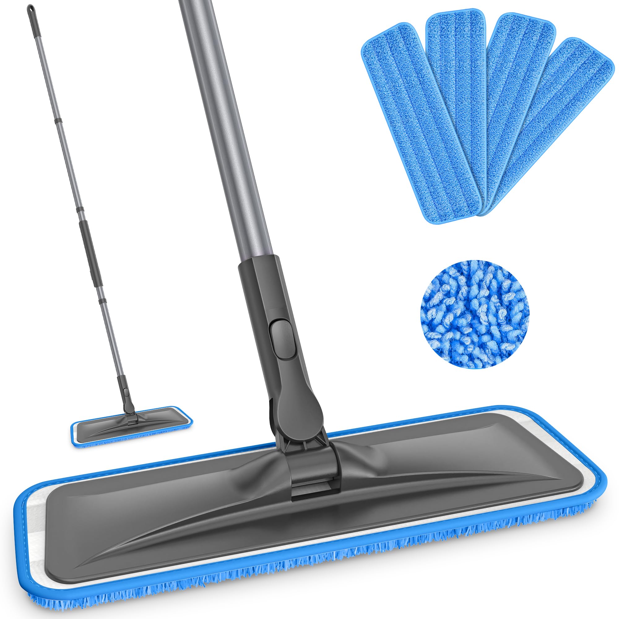 BPAWA Microfiber Flat Floor Mop with 4 Washable Chenille Pads and Adjustable Handle