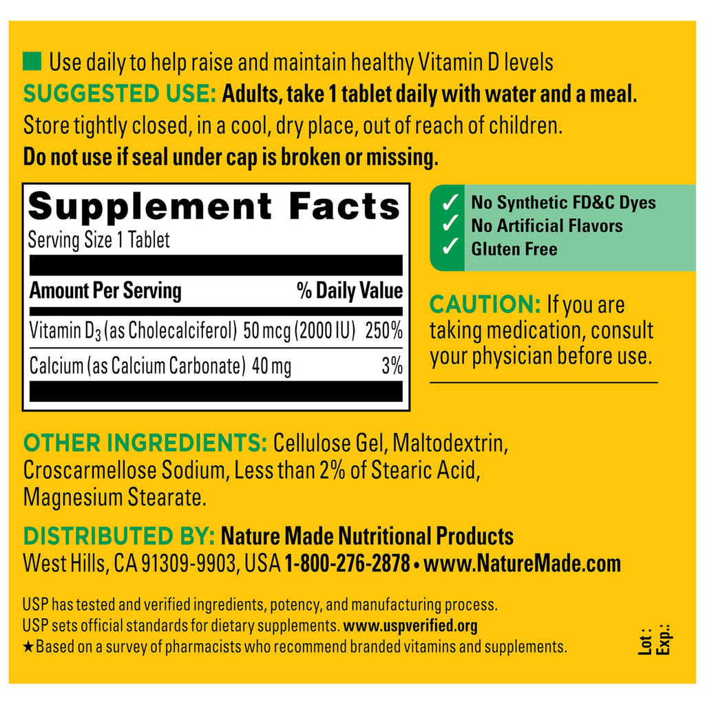 Nature Made Vitamin D3 2000 IU Tablets Immune & Bone Health

