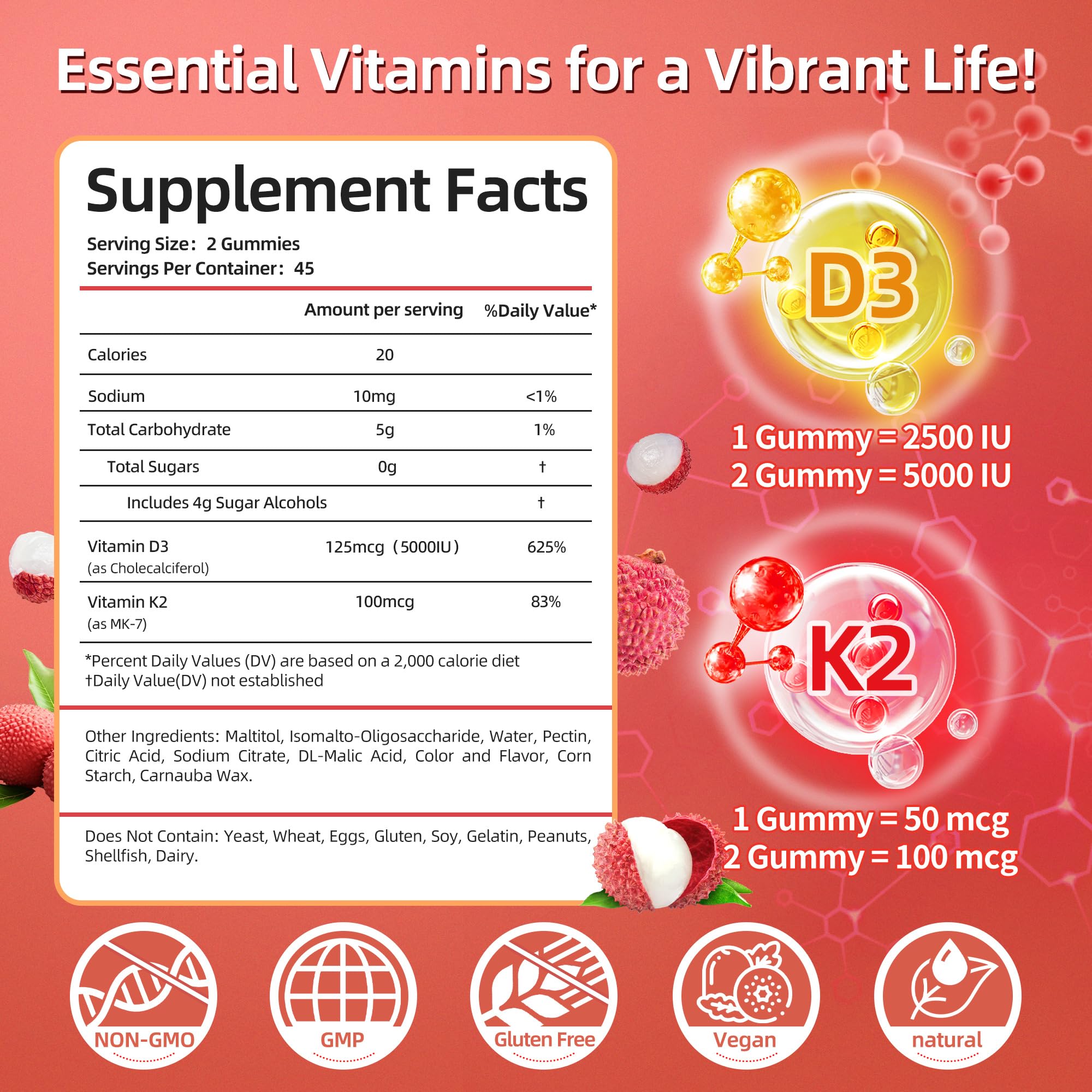 Vitamin D3 K2 Gummies Sugar Free for Bone & Immune Health

