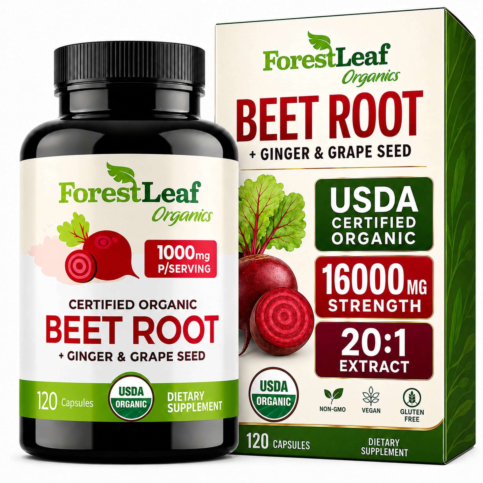 ForestLeaf Beet Root Capsules 1000mg Ginger Grape Seed

