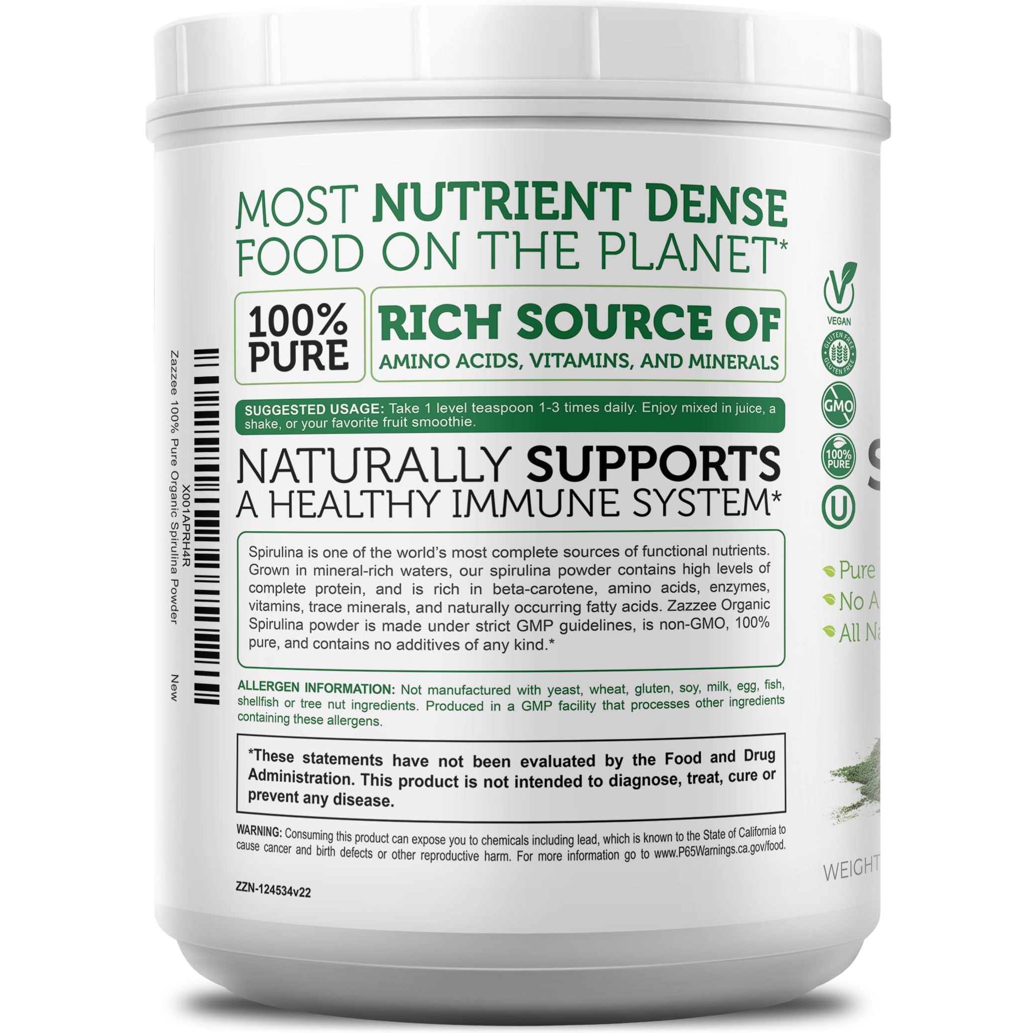 Zazzee USDA Organic Spirulina Powder - 100% Pure

