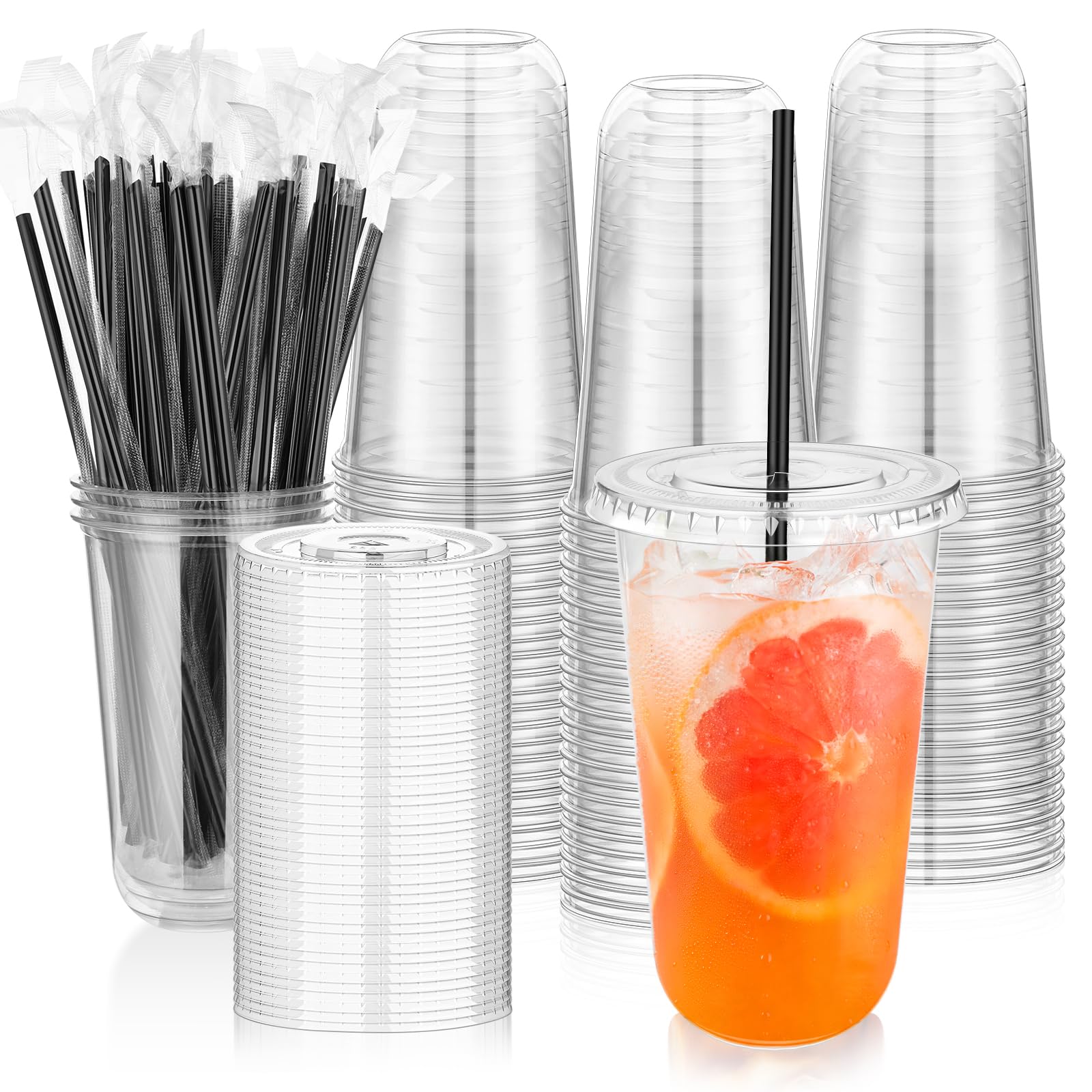 tchrules 100-Set Plastic Cups with Lids and Straws