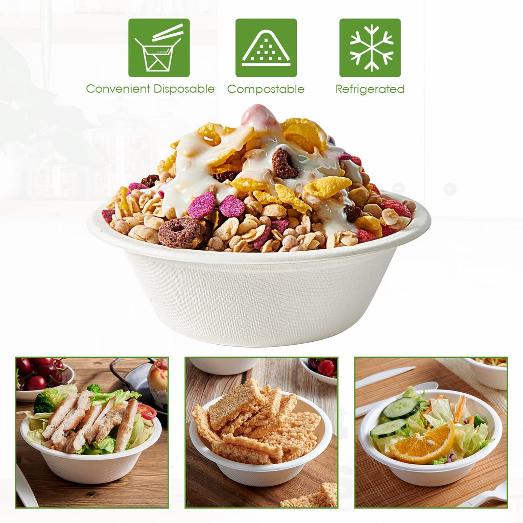 Vplus White Bagasse Bowls Compostable Heavy-Duty Bowls


