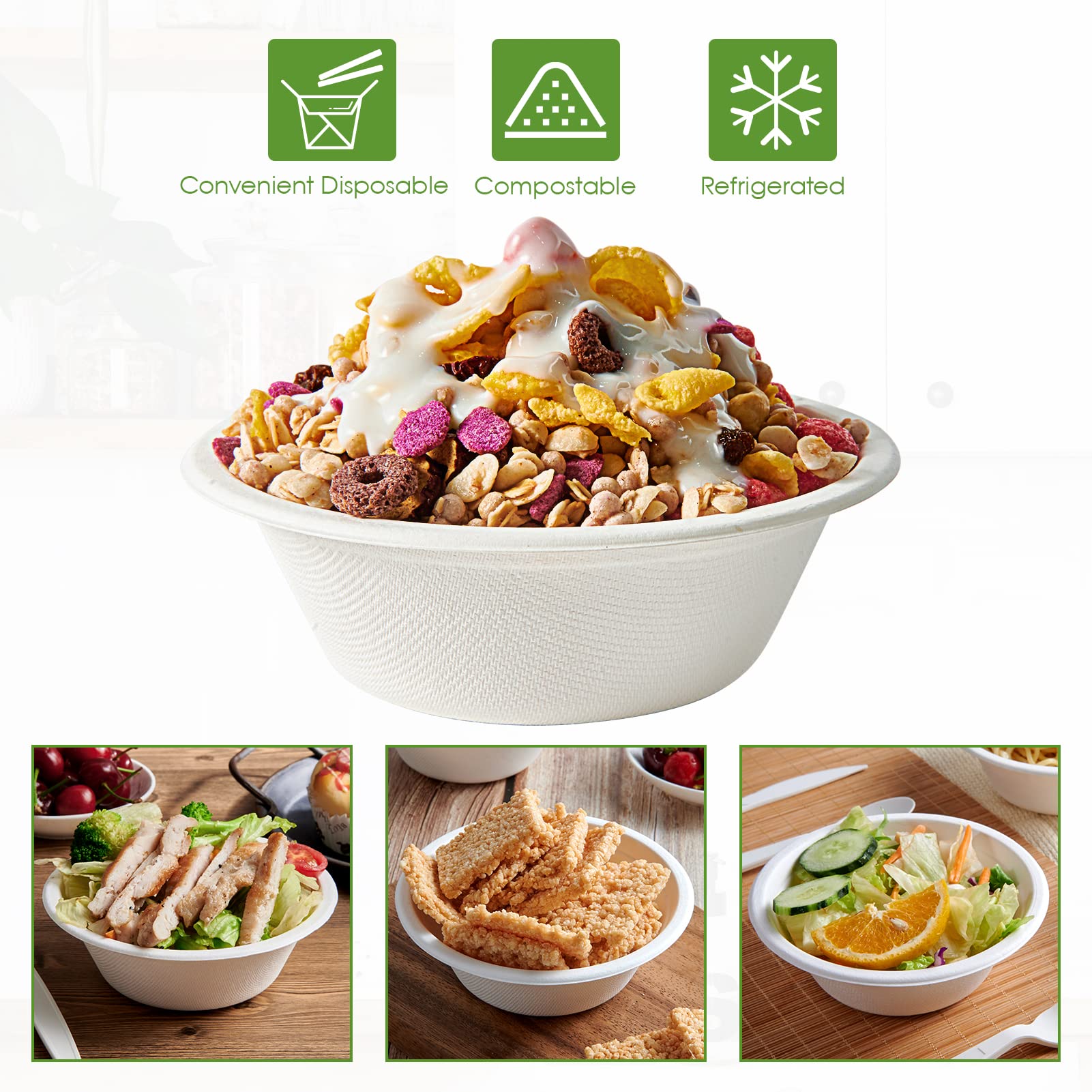 Vplus White Bagasse Bowls Compostable Heavy-Duty Bowls

