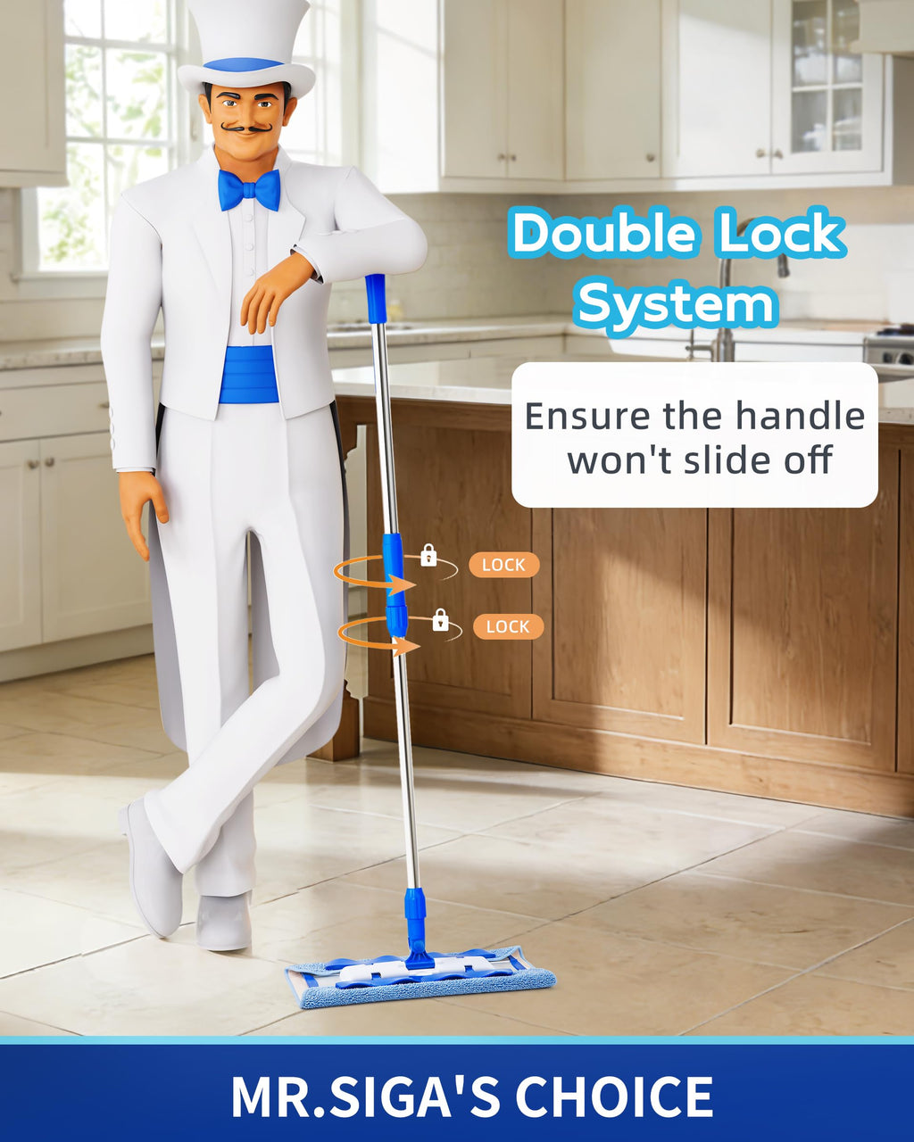 MR.SIGA Microfiber Mop Telescopic Stainless Handle

