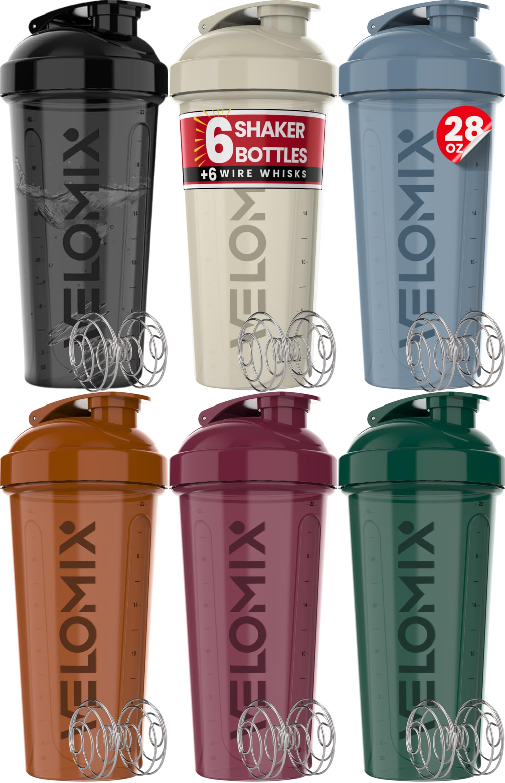 VELOMIX 28 oz Protein Shaker Bottle with 6 Wire Whisk Balls BPA-Free Leak-Proof