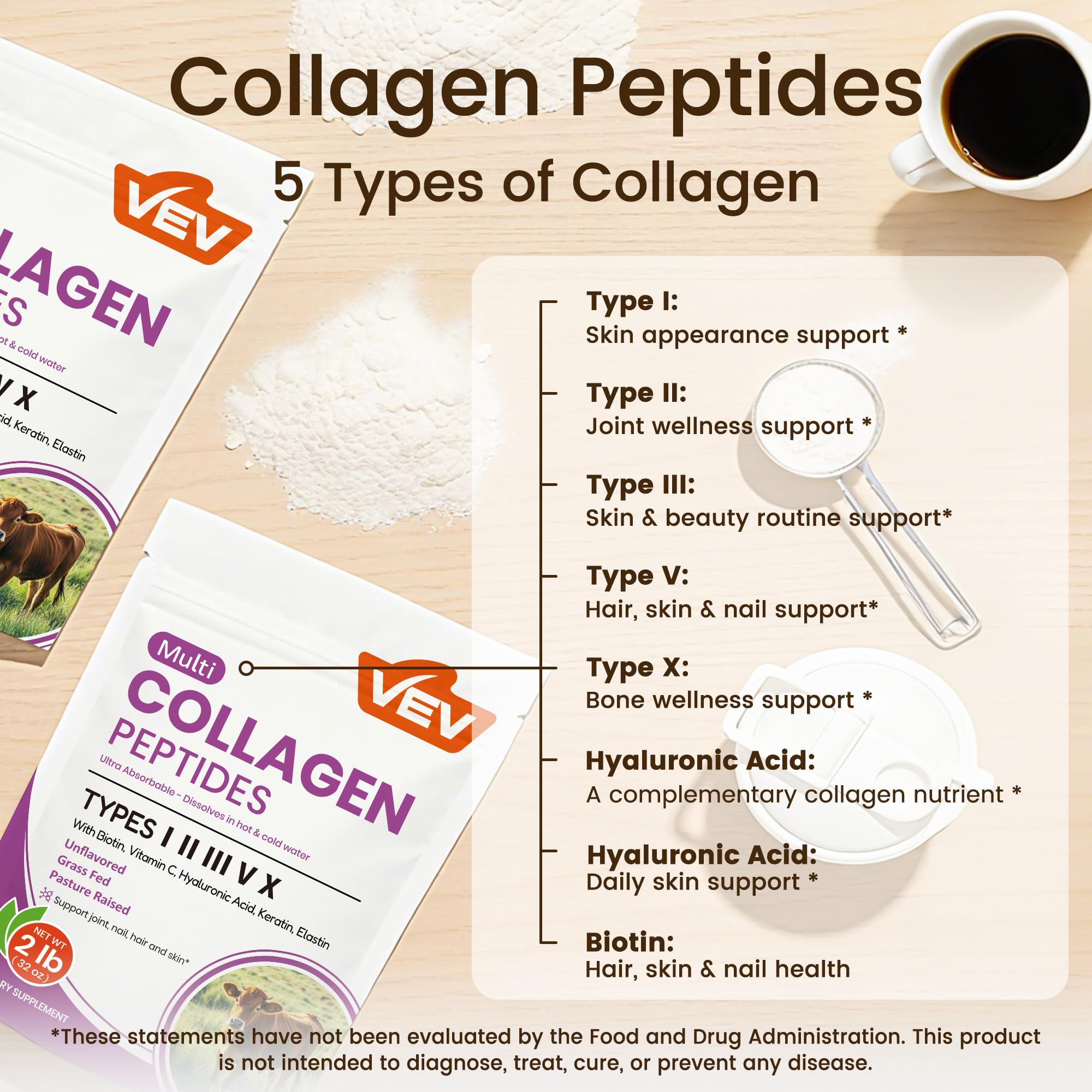 VEV Multi Collagen Peptides Powder Types I to X

